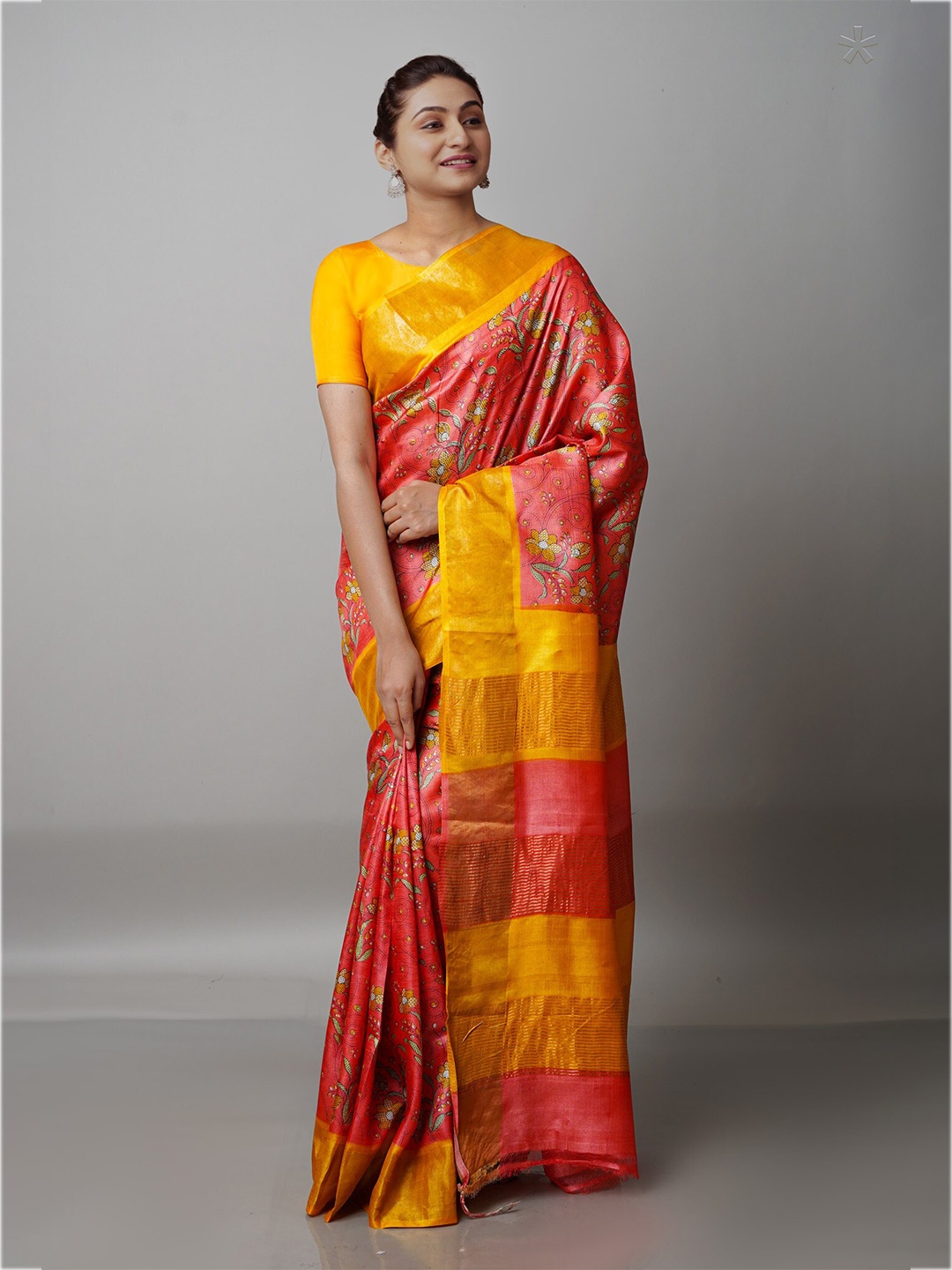 

Unnati Silks Peach-Coloured & Yellow Floral Zari Pure Silk Tussar Handloom Saree
