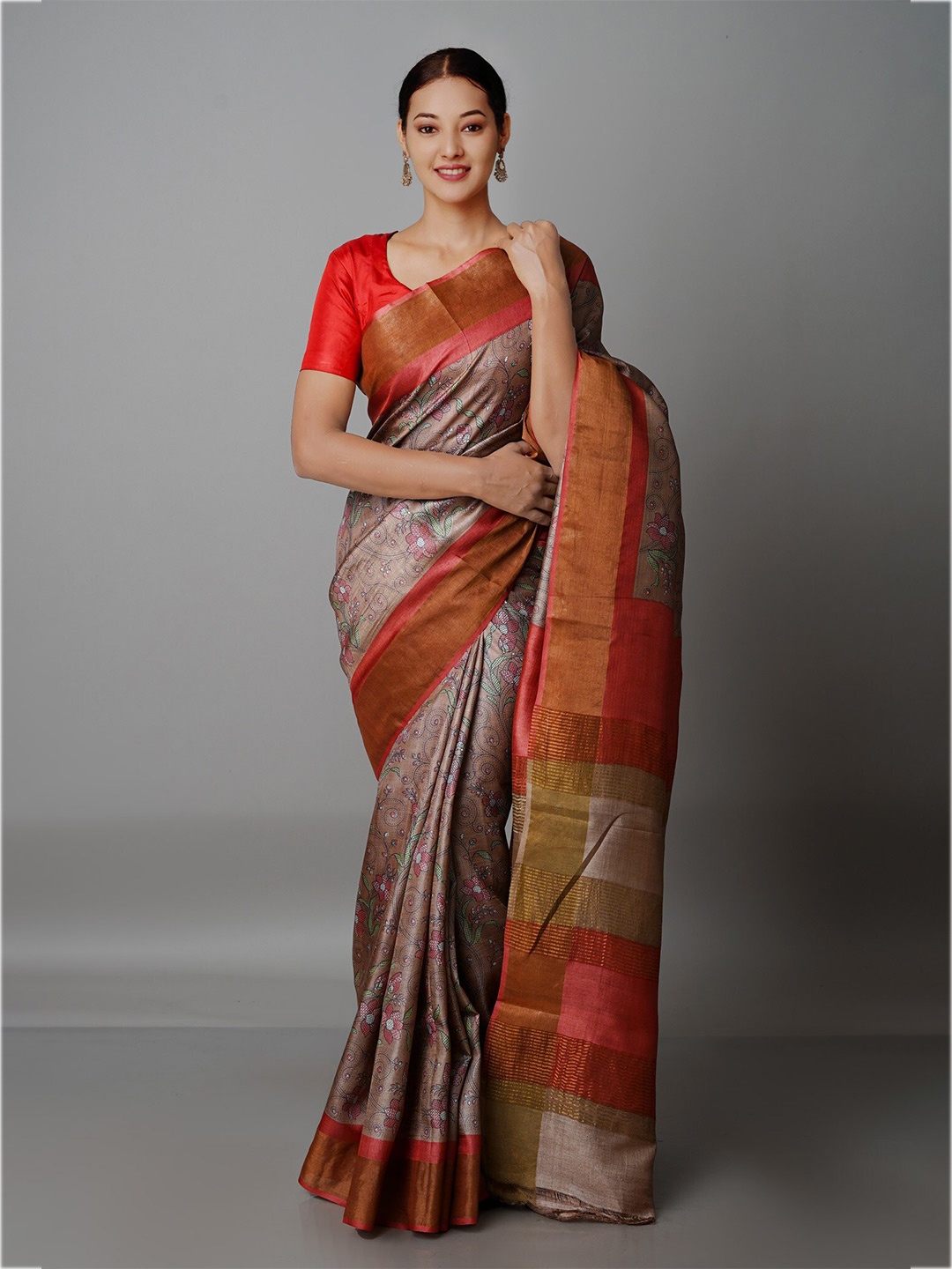 

Unnati Silks Brown & Red Floral Zari Pure Silk Tussar Handloom Saree