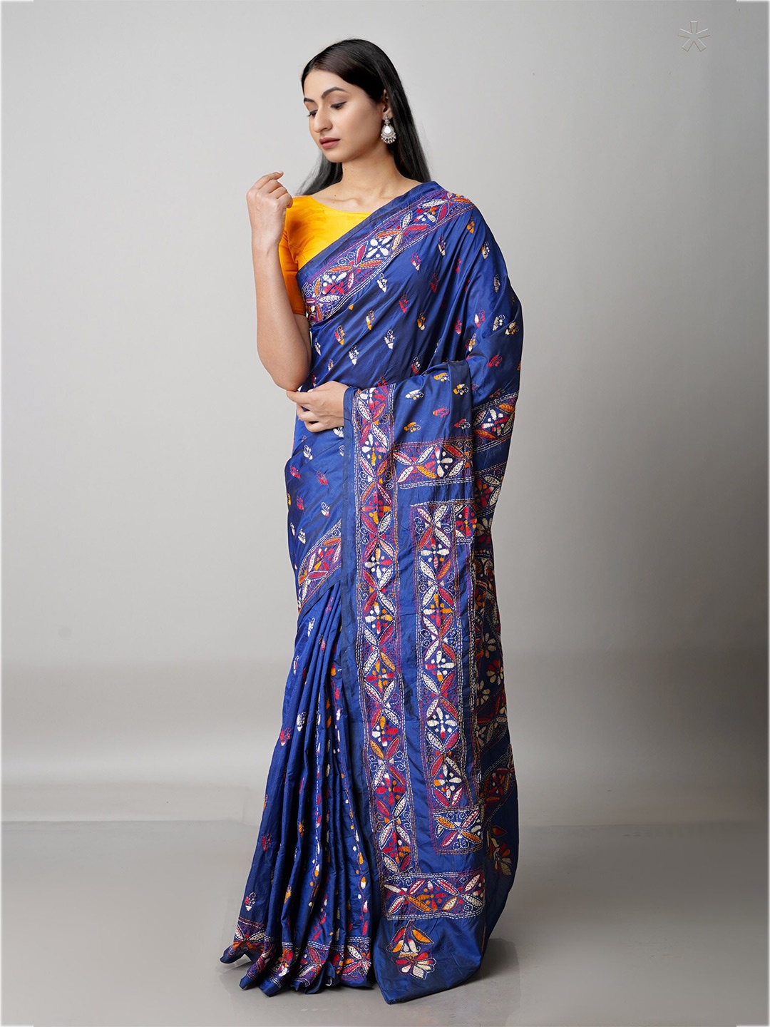 Unnati Silks Navy Blue & Red Floral Pure Silk Murshidabad silk Saree