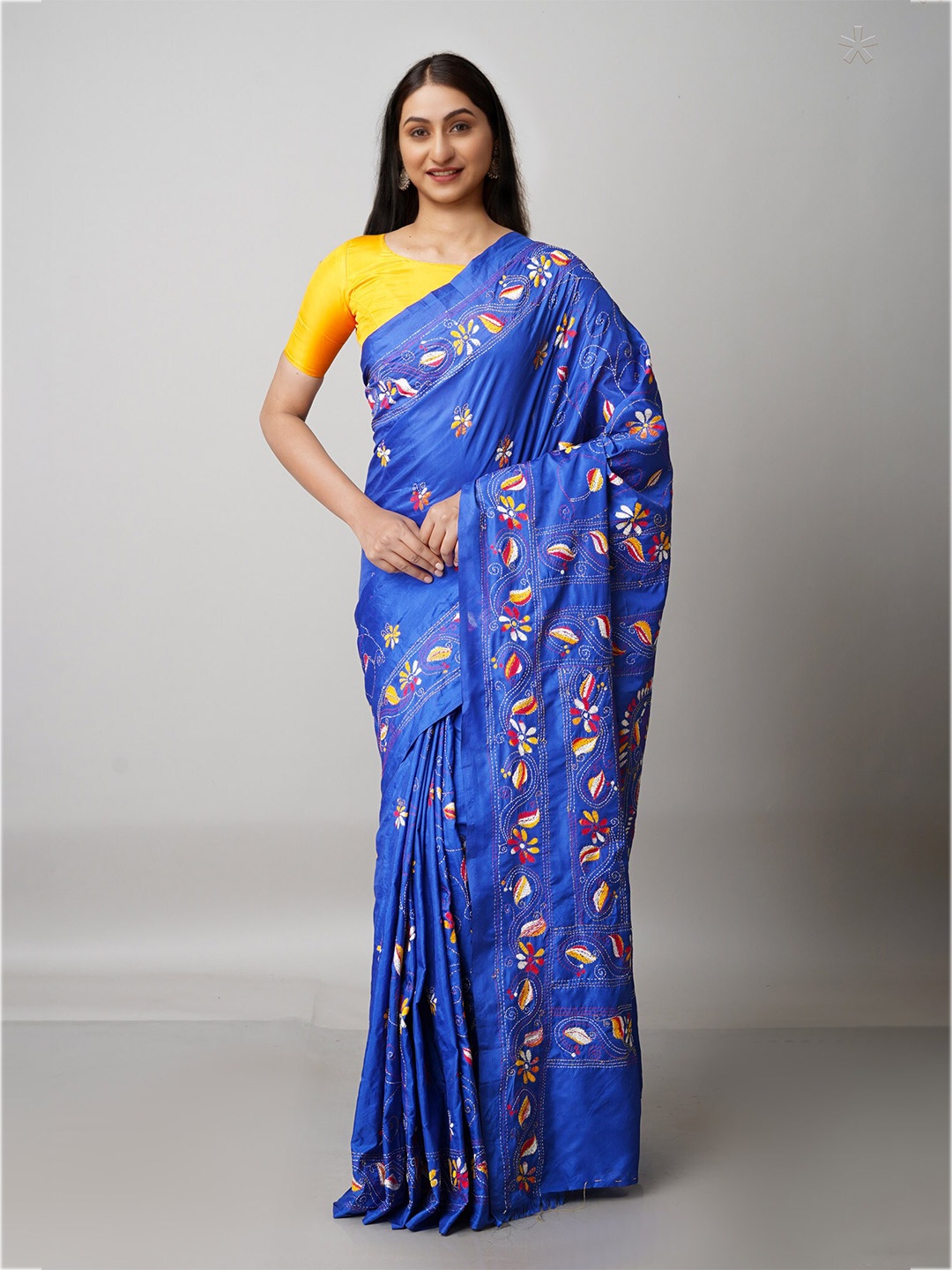 

Unnati Silks Blue & White Floral Embroidered Pure Silk Murshidabad silk Saree
