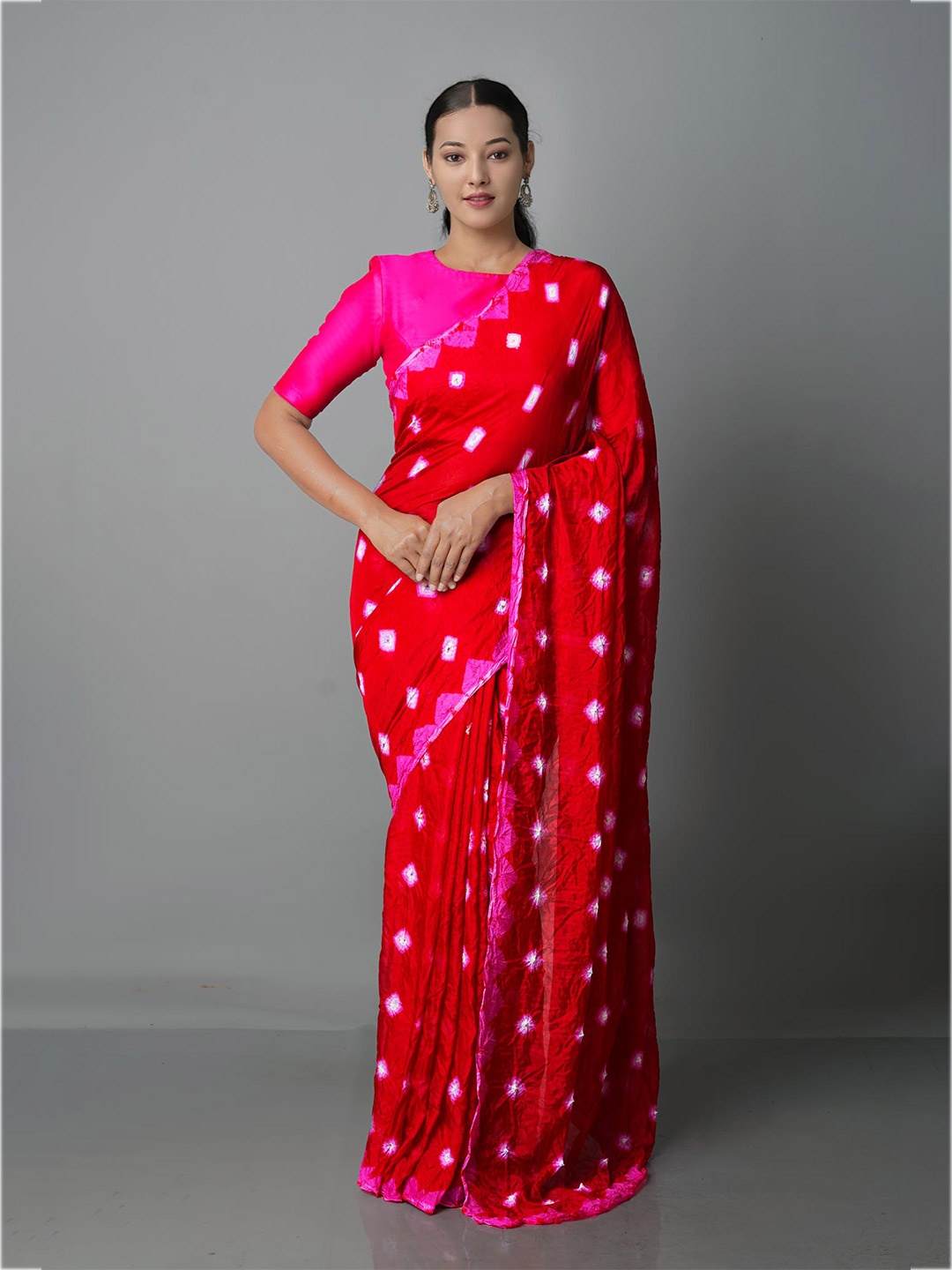 

Unnati Silks Burgundy & Pink Bandhani Silk Blend Bandhani Saree