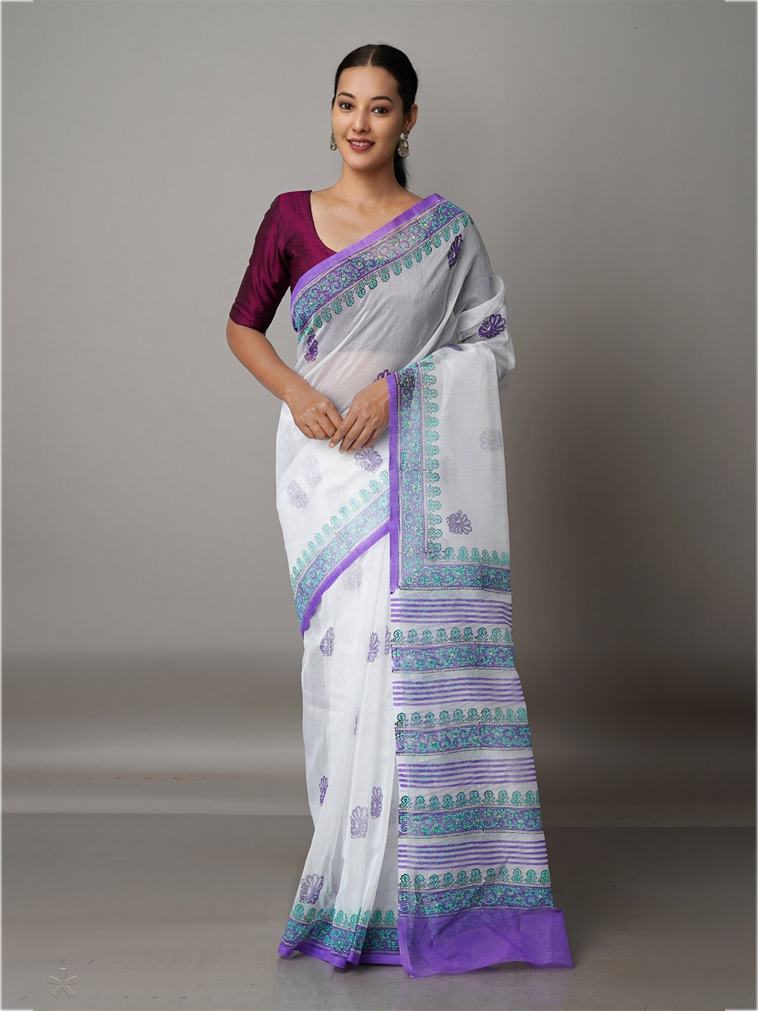 

Unnati Silks White & Purple Ethnic Motifs Banarasi Saree