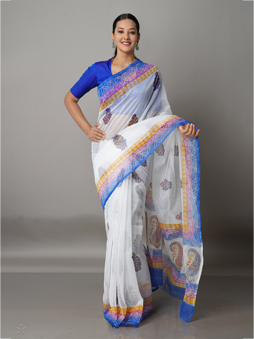

Unnati Silks White & Blue Ethnic Motifs Banarasi Saree