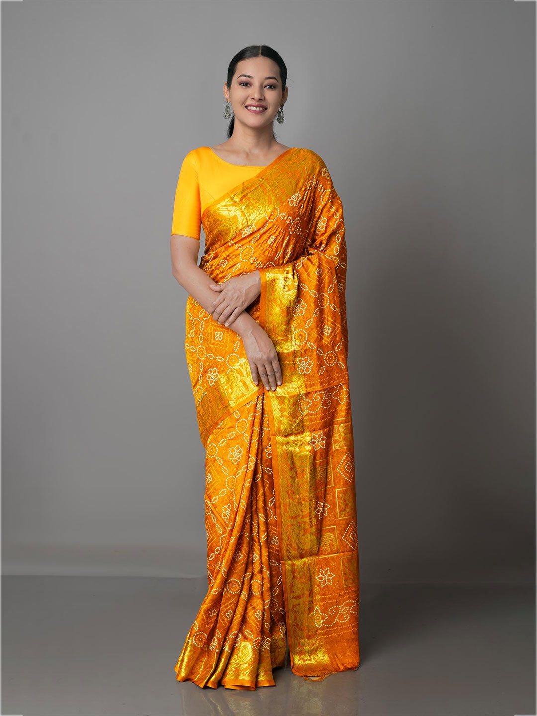 

Unnati Silks Yellow & Gold-Toned Bandhani Zari Silk Blend Bandhani Saree