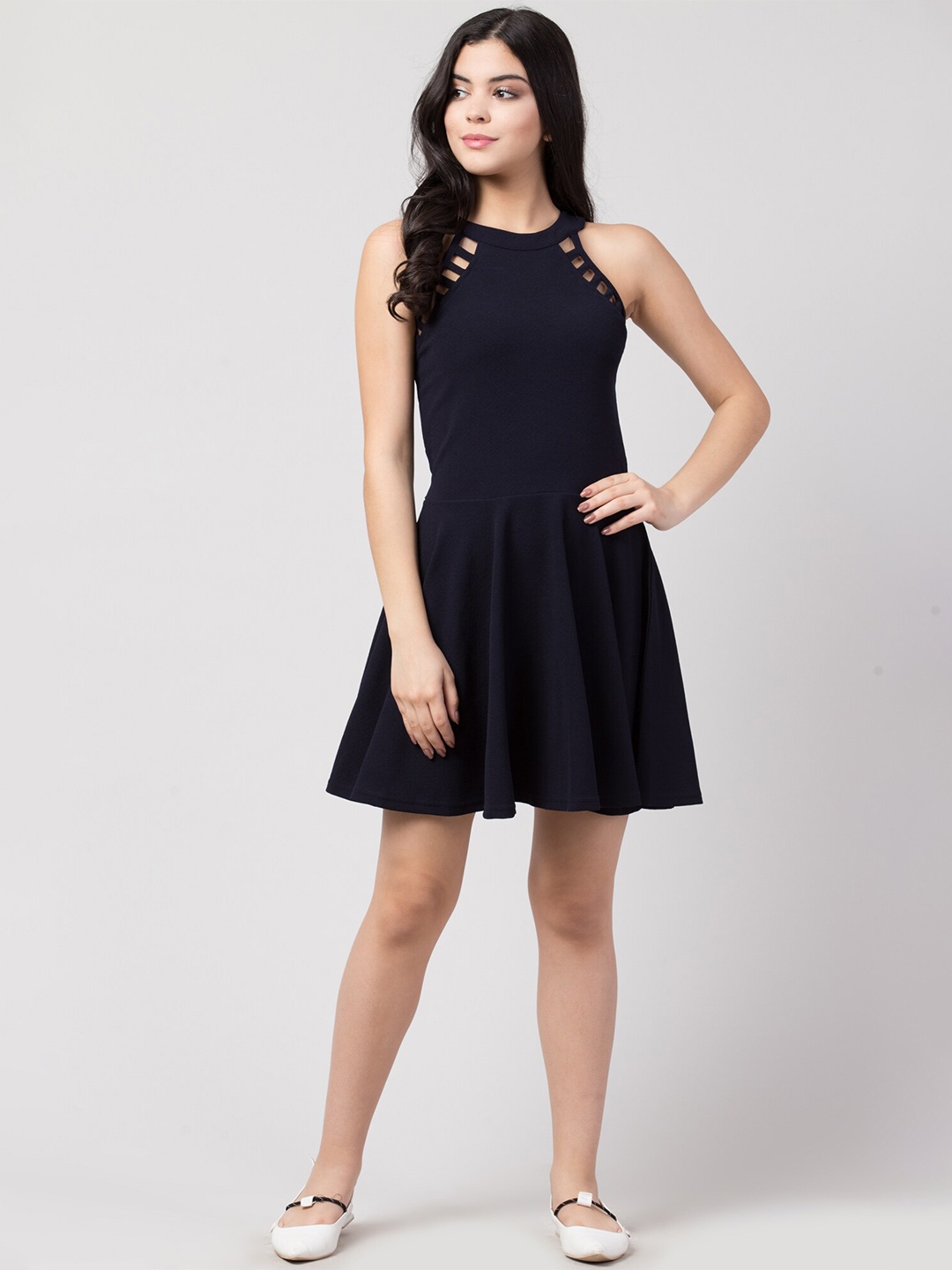 

Gaurgeous Women Navy Blue Halter Neck Satin Dress