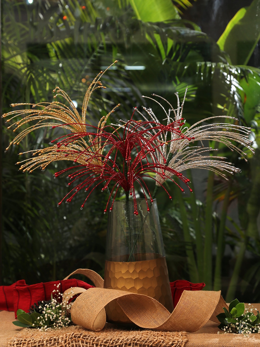 

Amoliconcepts Set Of 3 Beaded Tree Festive Decor, Red