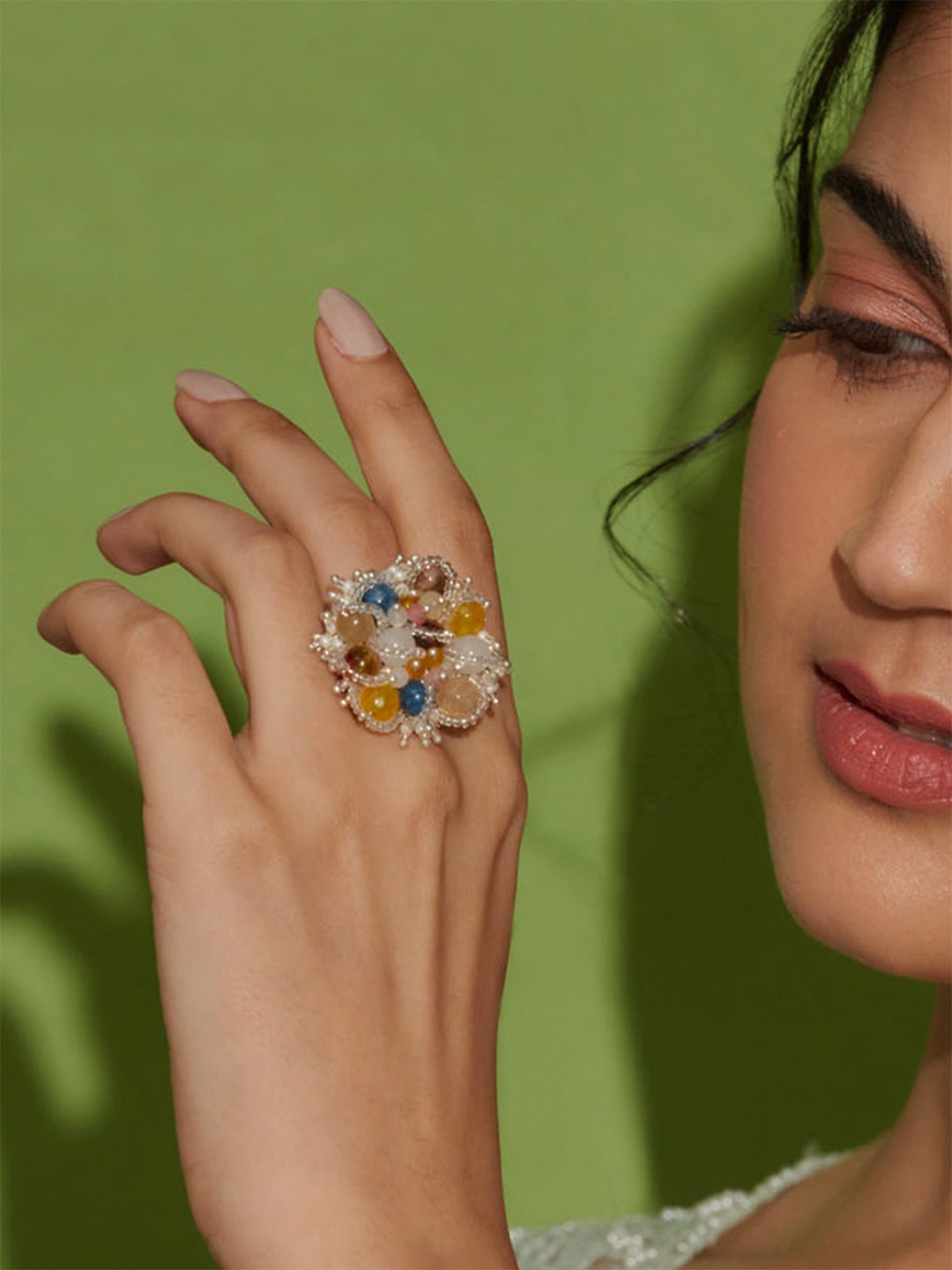 

D'oro Gold-Plated White & Yellow Pearl-Beaded Adjustable Finger Ring