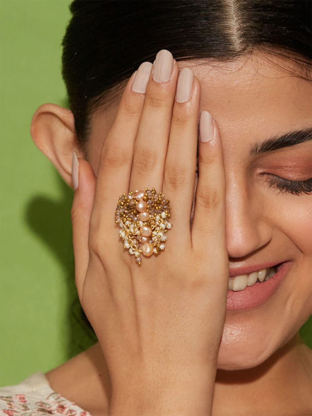 

D'oro Women Gold-Plated Peach Pearls Studded Finger Ring
