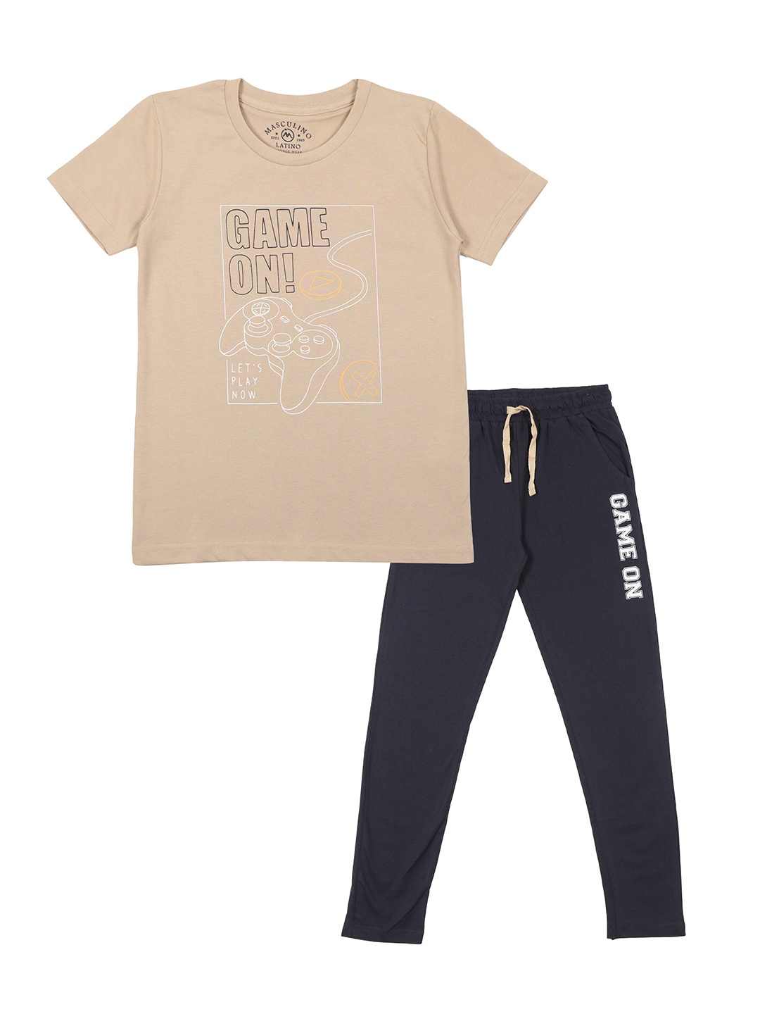 Masculino Latino Boys Beige & Black Pure Cotton Printed T-shirt with Pyjama