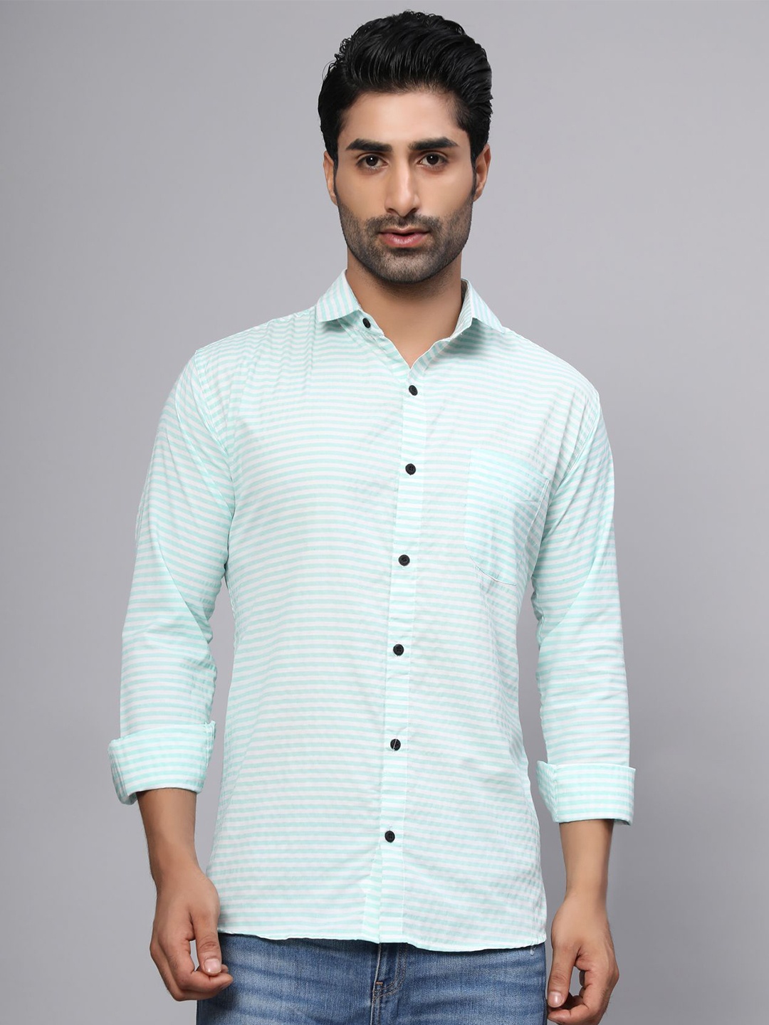 

Vastrasky Global Men Blue Comfort Horizontal Striped Cotton Casual Shirt