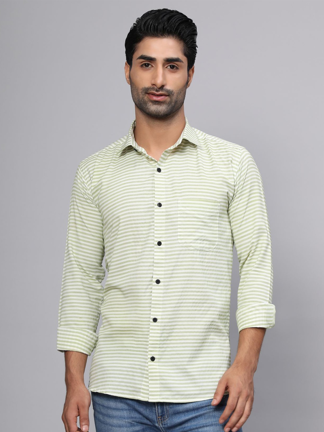 

Vastrasky Global Men Lime Green Comfort Horizontal Striped Cotton Casual Shirt