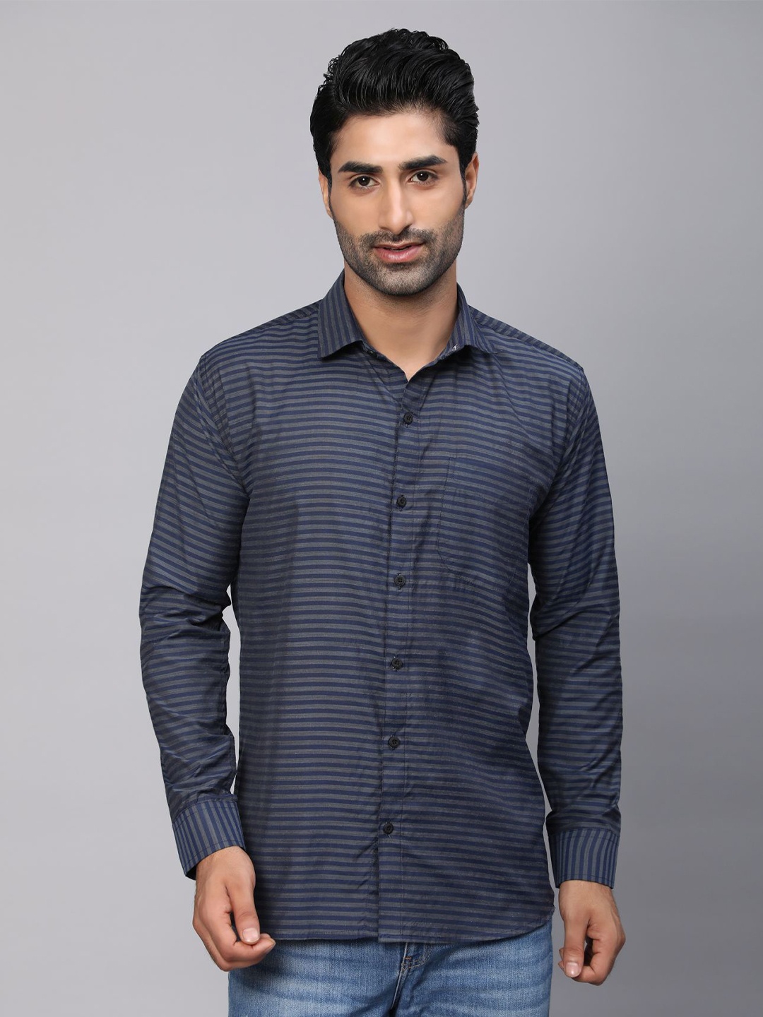 

Vastrasky Global Men Comfort Horizontal Striped Cotton Casual Shirt, Navy blue