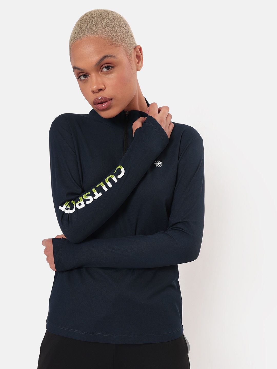 

Cultsport Women Blue Brand Logo Printed High Neck T-shirt with Thumb Opening