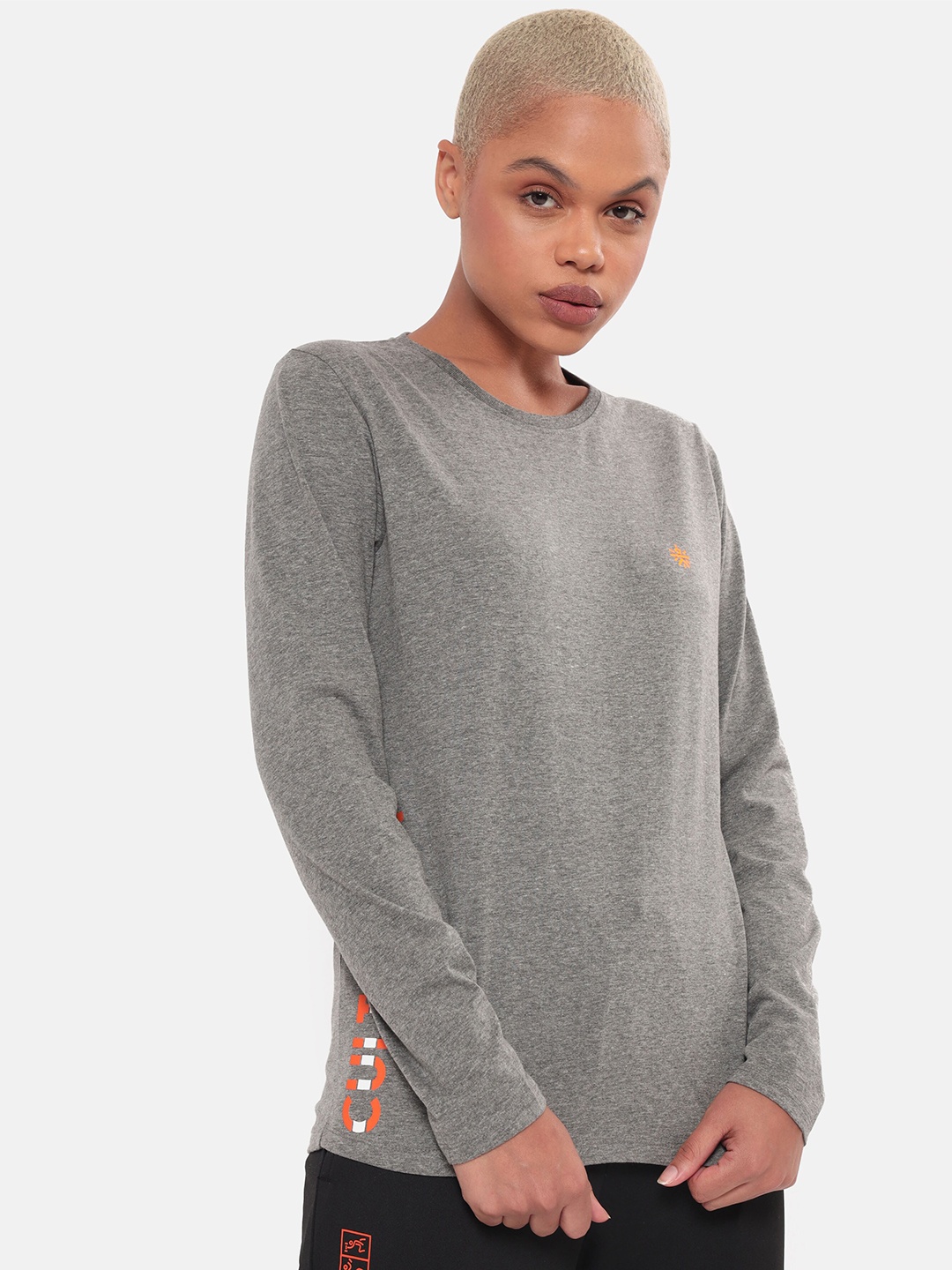 

Cultsport Women Grey Brand Logo Printed T-shirt with Thumb Opening