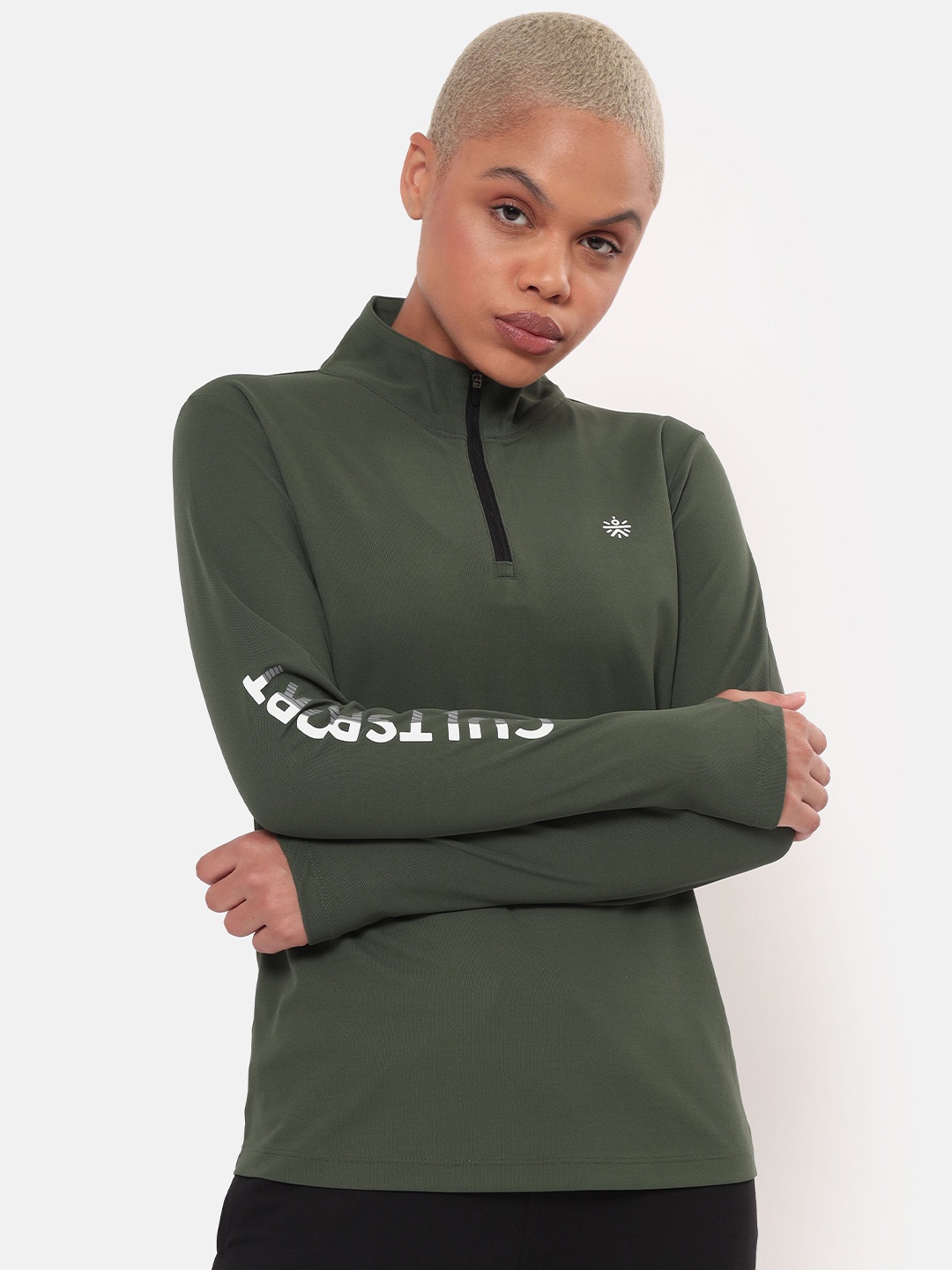 

Cultsport Women Olive Green Brand Logo Printed High Neck Applique T-shirt