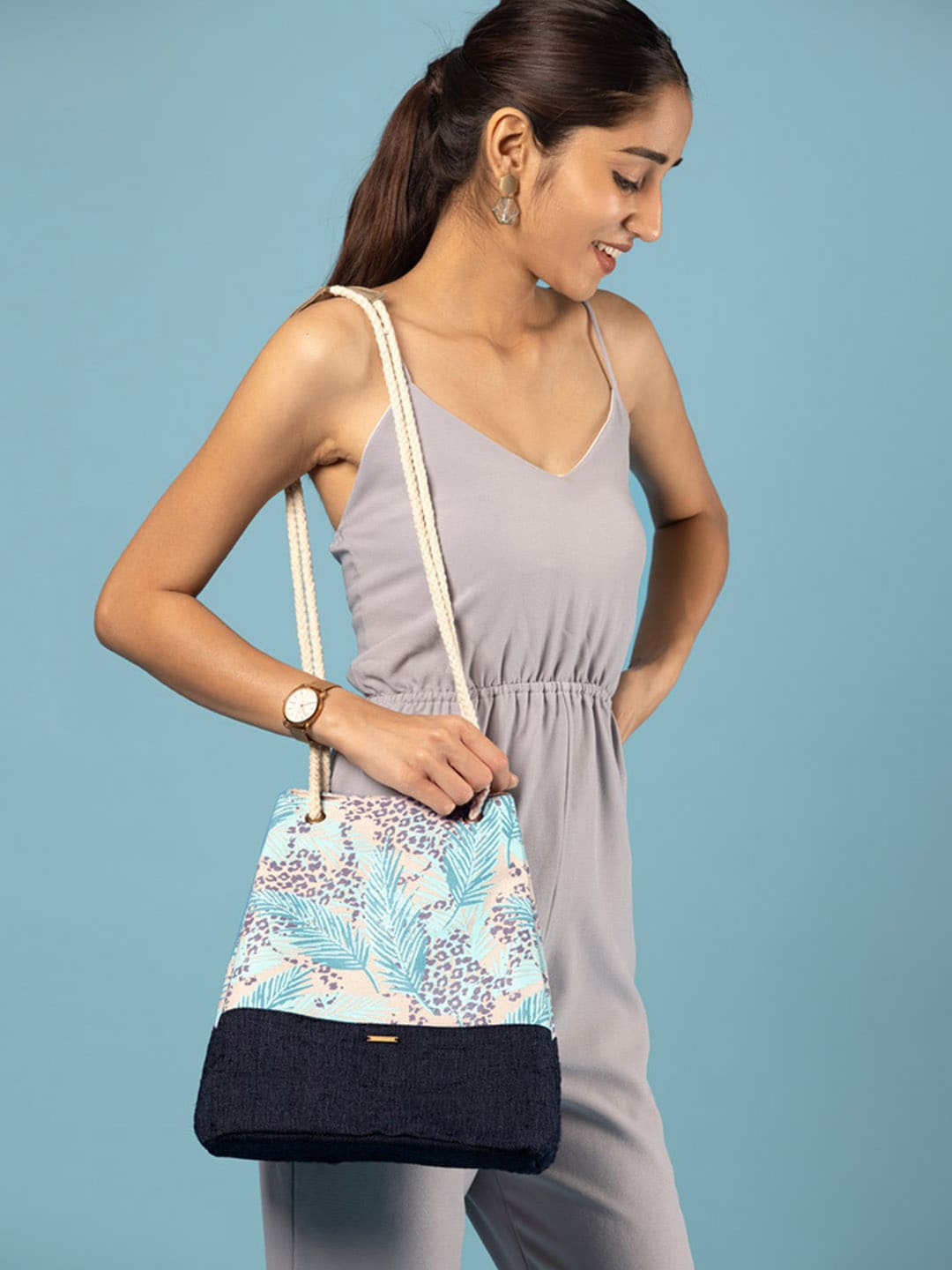 

EcoRight Floral Printed Structured Cotton Shoulder Bag, Blue