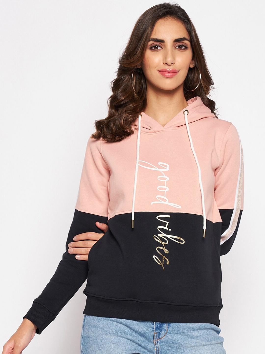 

Cantabil Women Peach & Black Colourblocked Fleece Hooded Sweatshirt