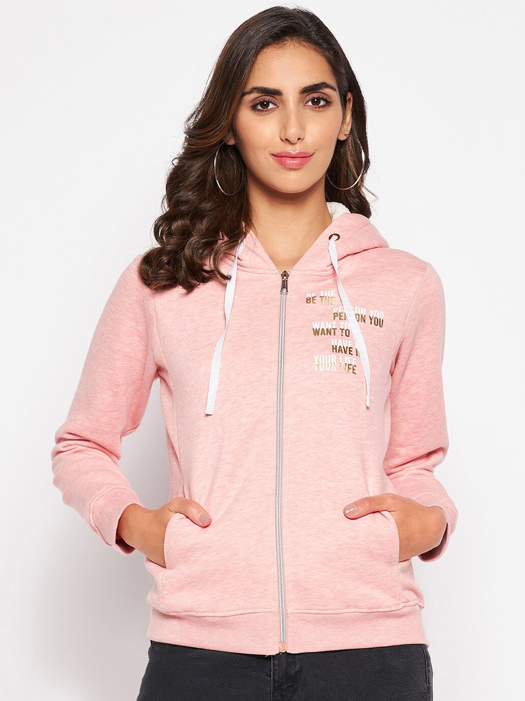 

Cantabil Women Peach Printed Fleece Hooded Sweatshirt