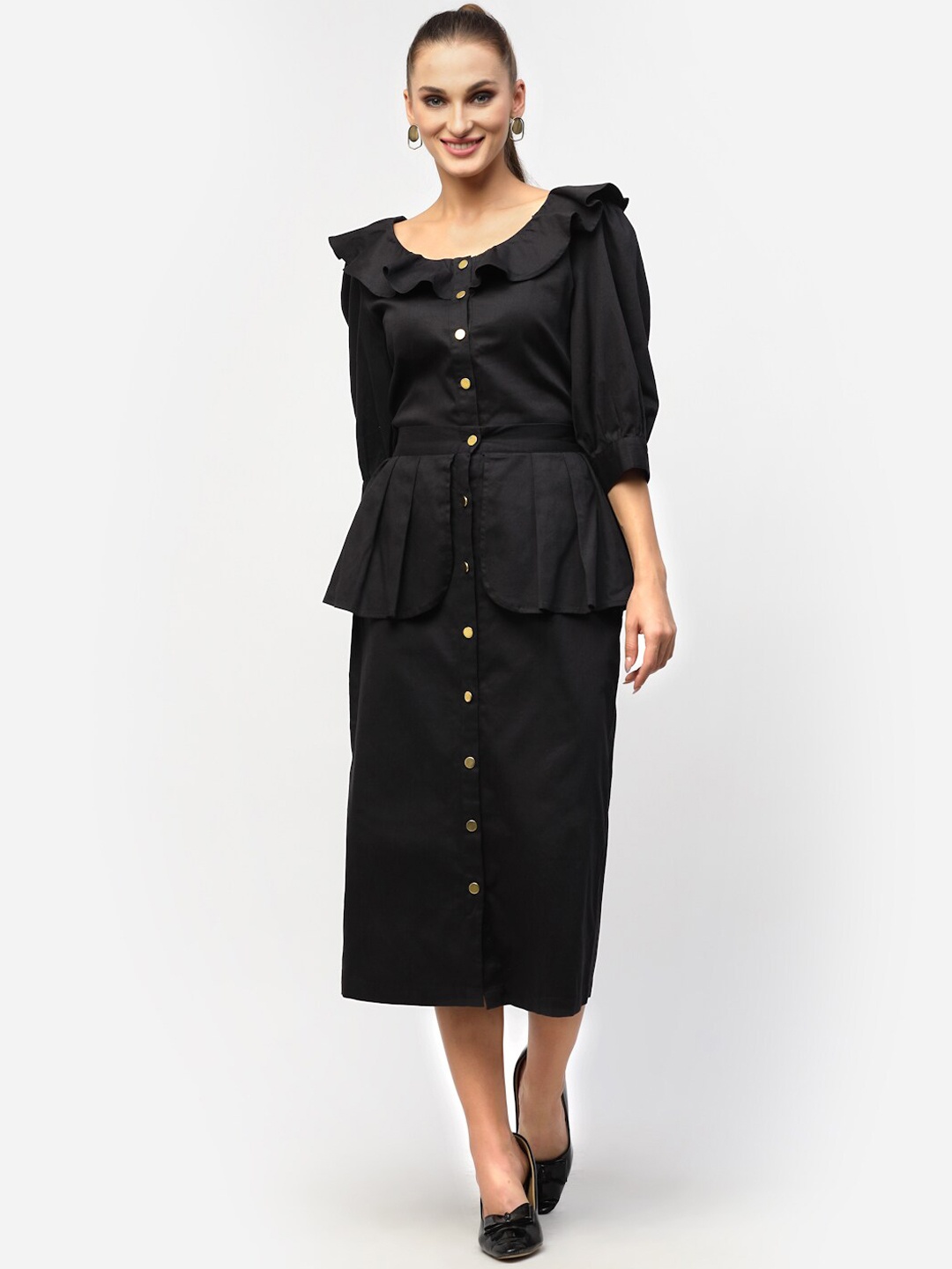 BLANC9 Women Black Solid Pure Cotton Top & Skirt Co-Ord Set