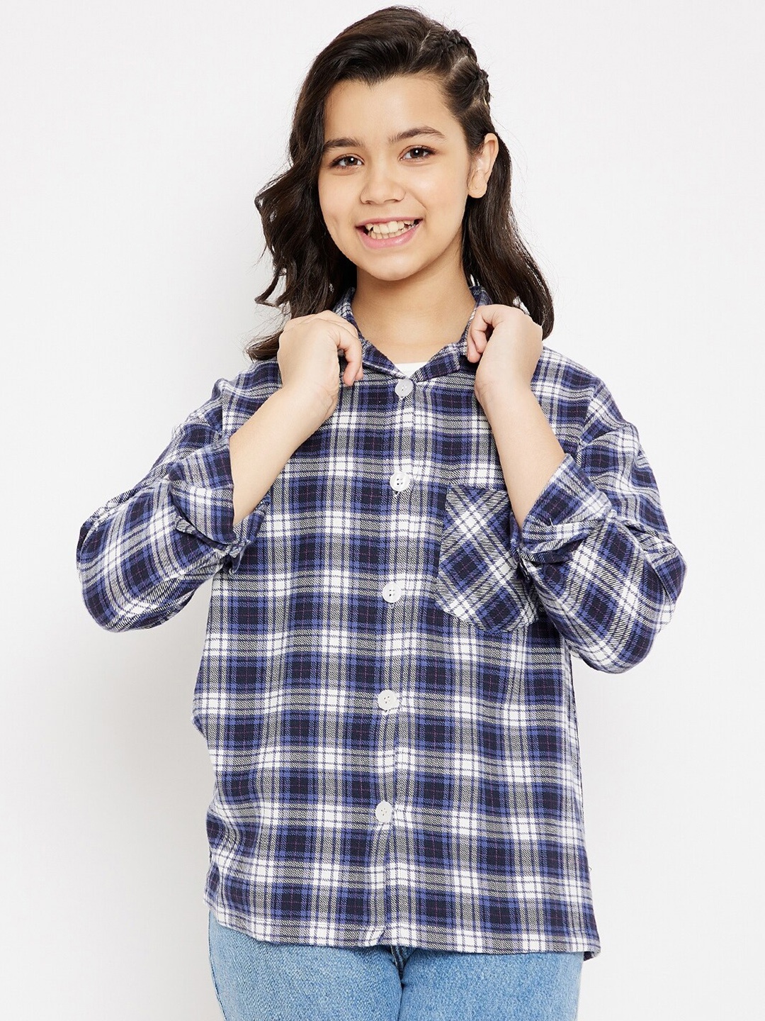 

luyk Girls Blue Comfort Boxy Fit Tartan Checked Cotton Casual Shirt