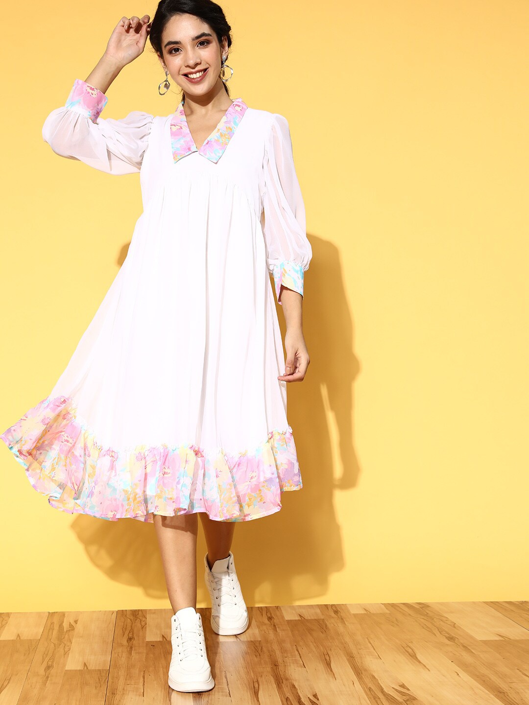 

PANIT White & Pink Georgette A-Line Dress