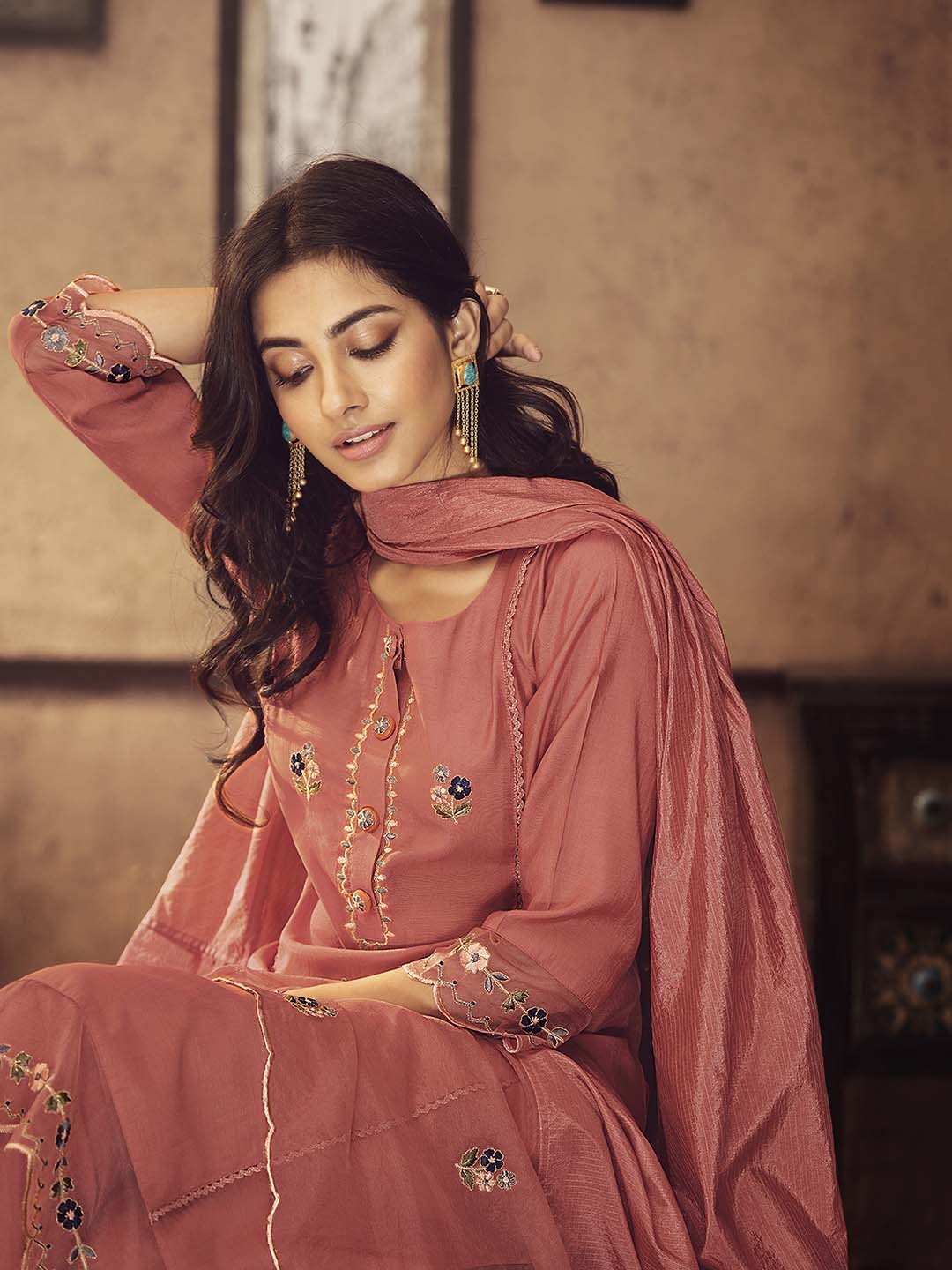 

AUTUMN LANE Women Pink Floral Embroidered Kurta with Trousers & With Dupatta