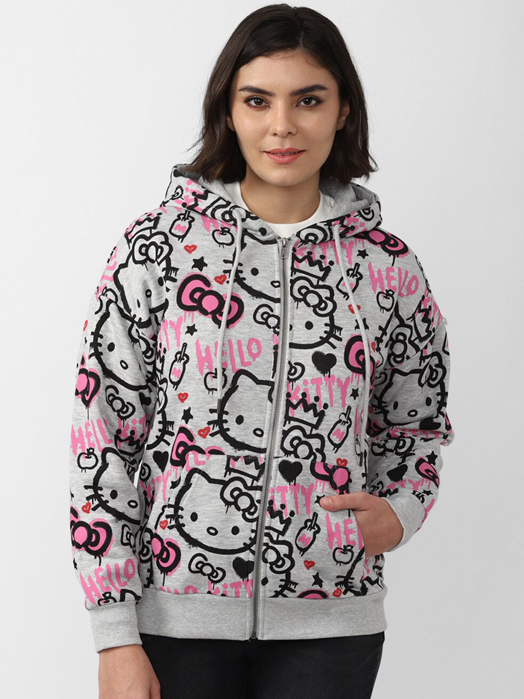 

FOREVER 21 Women Grey & Pink Hello Kitty Printed Hooded Sweatshirt