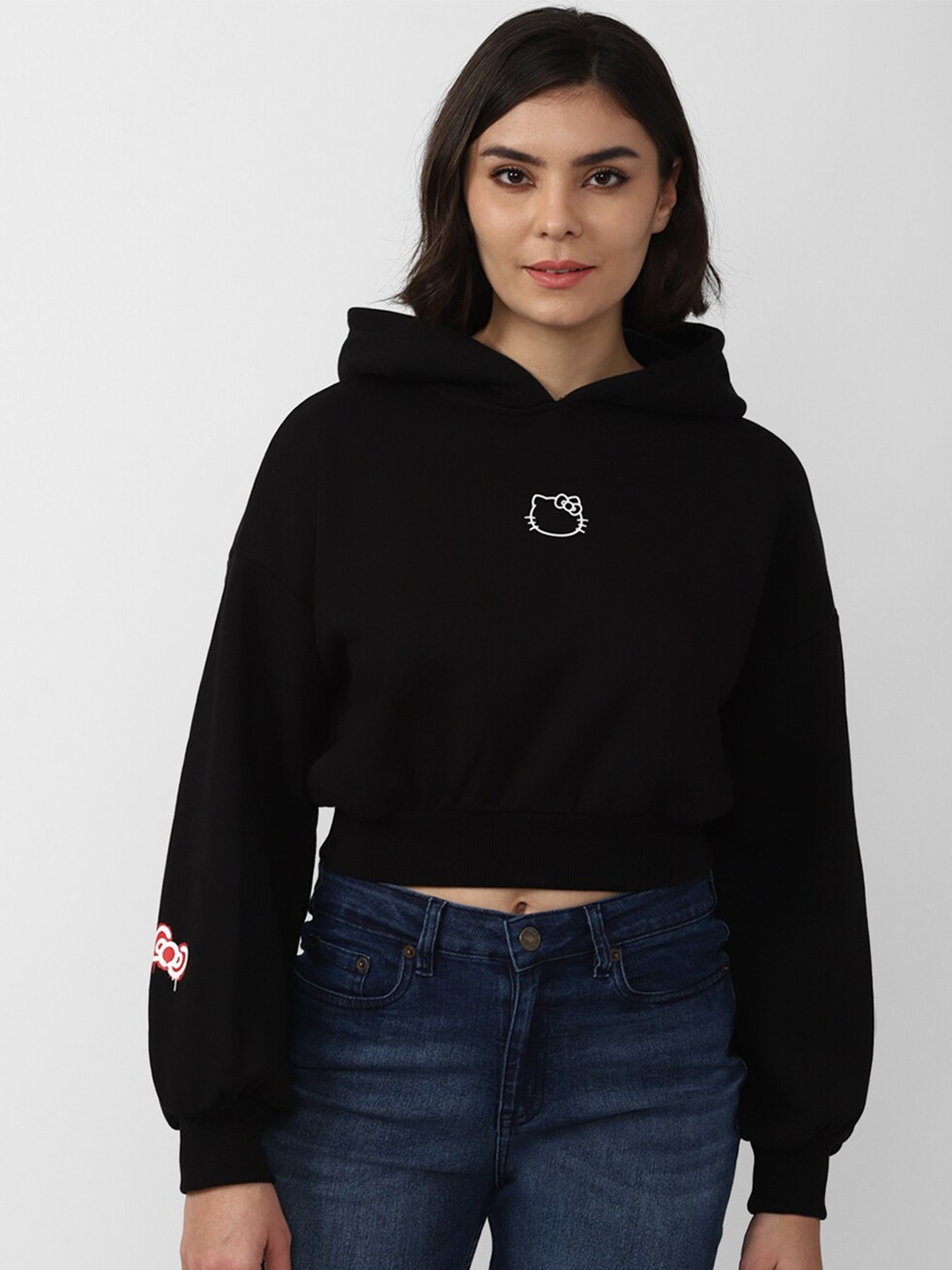 

FOREVER 21 Women Black Solid Pure Cotton Hooded Sweatshirt