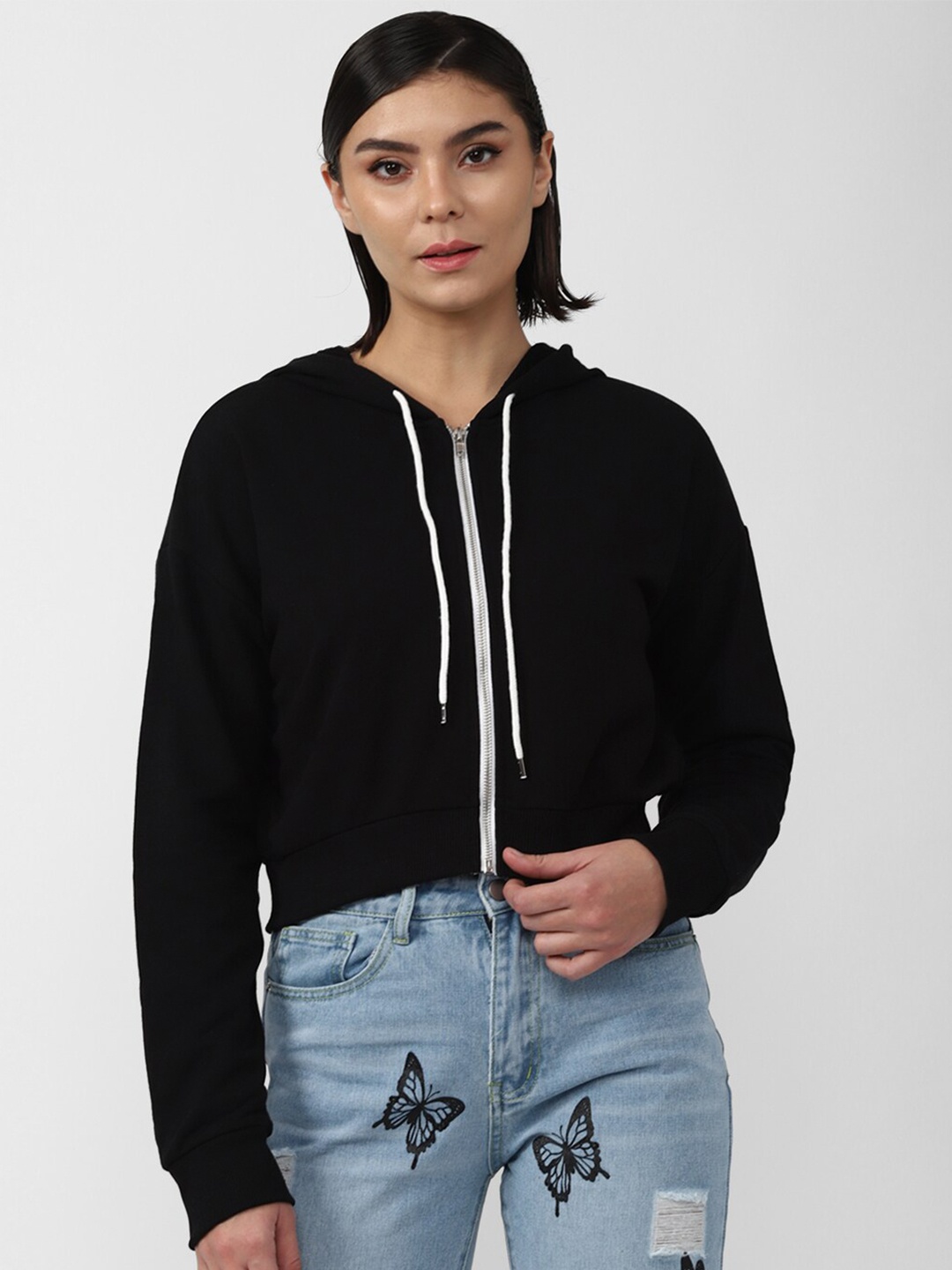 

FOREVER 21 Women Black Hooded Sweatshirt