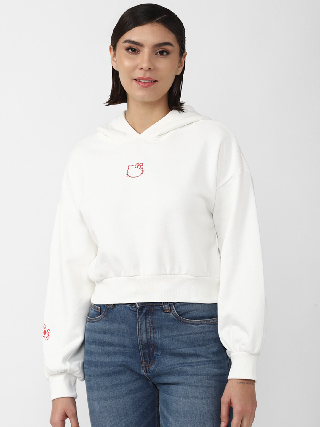 

FOREVER 21 Women White Hooded Pure Cotton Sweatshirt