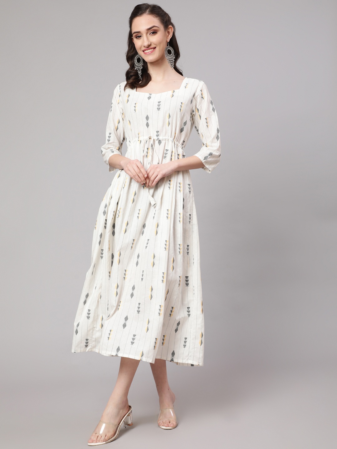 

Nayo White & Grey A-Line Cotton Midi Dress