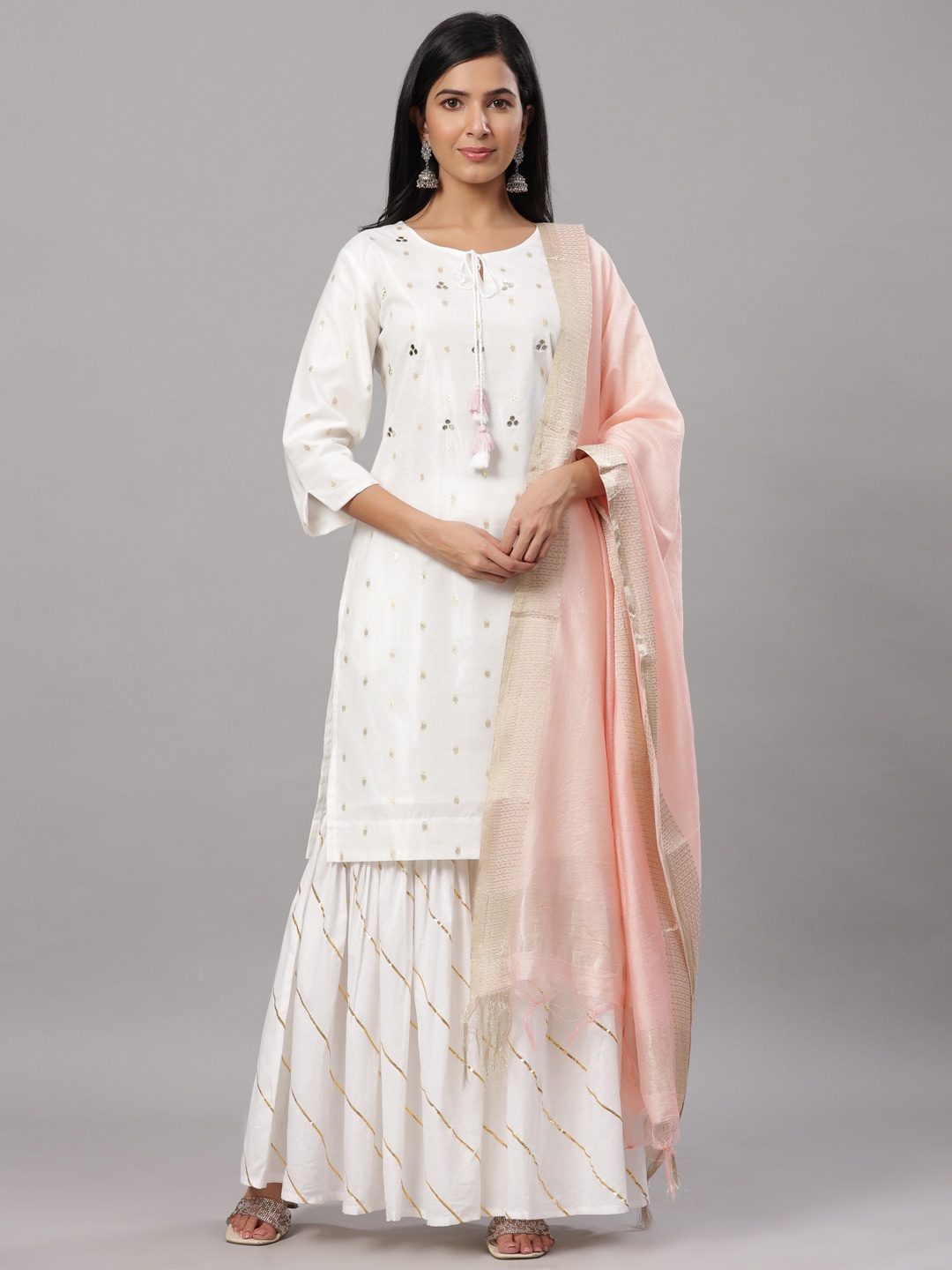 

Do Dhaage Women White Ethnic Motifs Embroidered Kurta with Sharara & With Dupatta