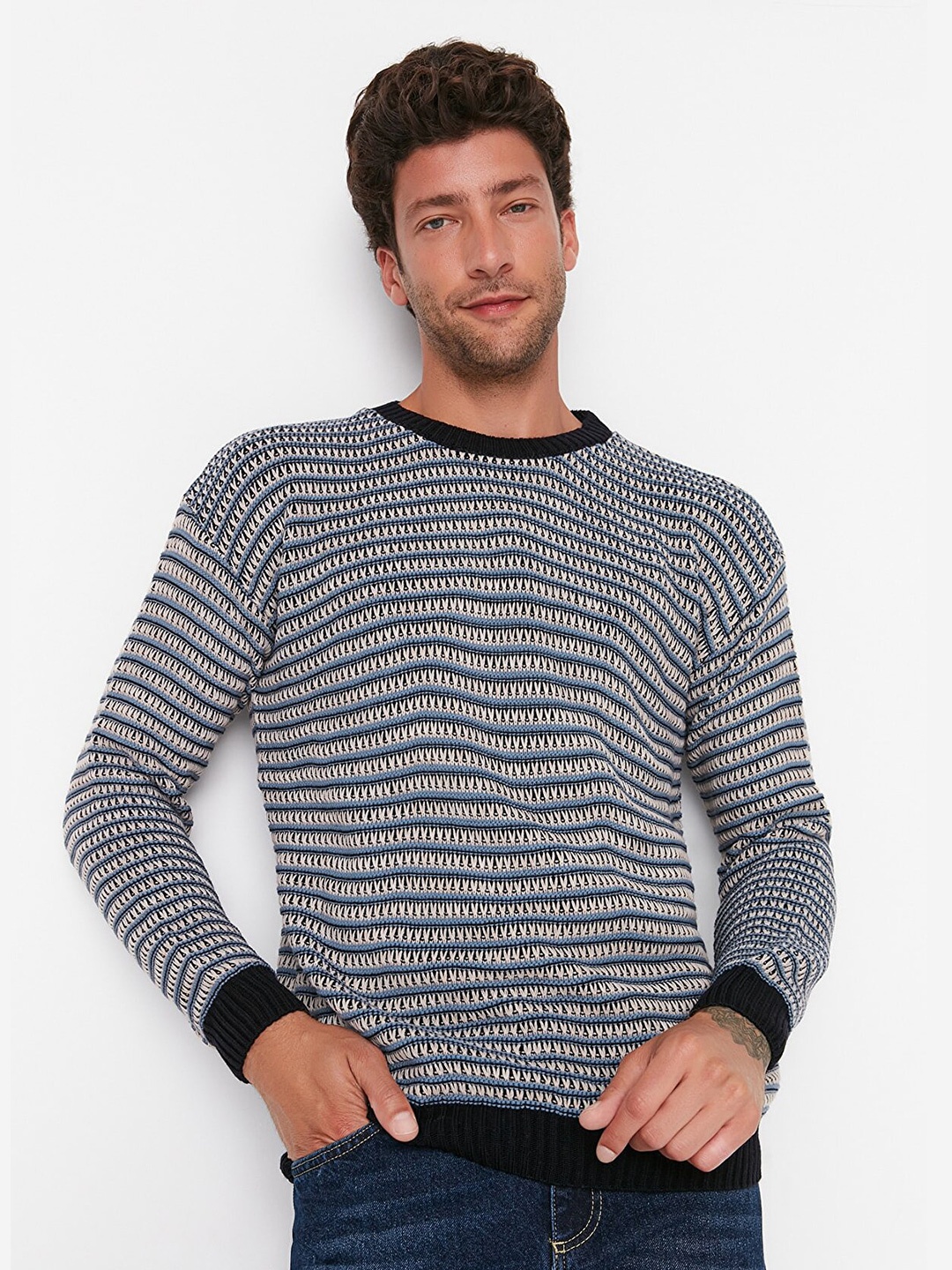 

Trendyol Men Blue & Off White Acrylic Pullover Sweater