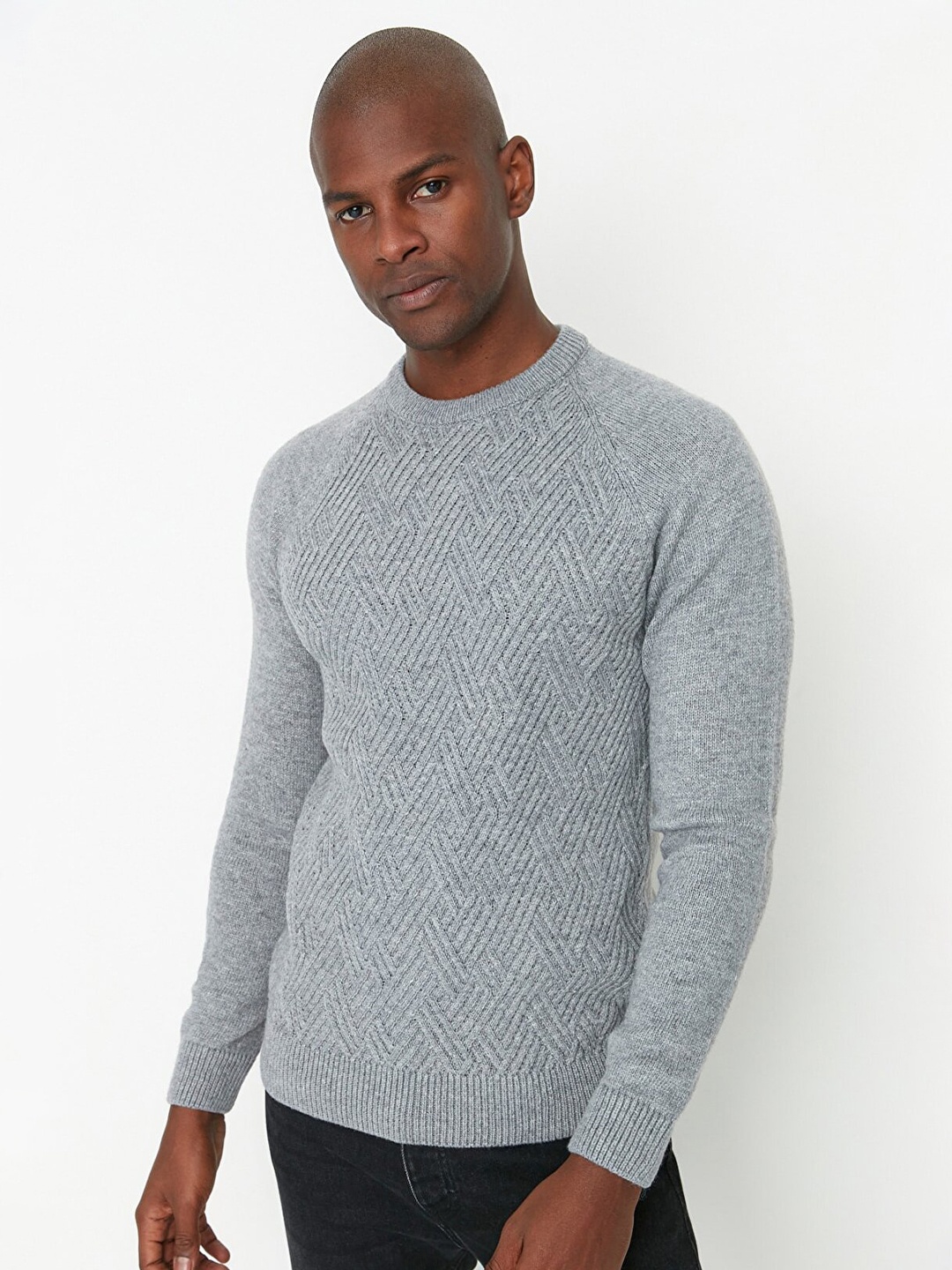 

Trendyol Men Grey Acrylic Self Design Pullover