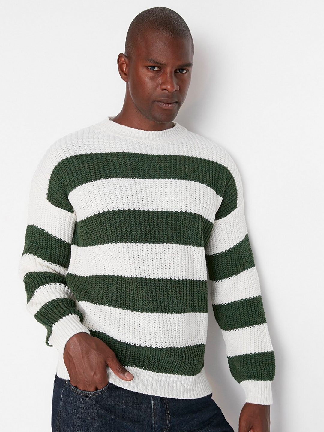 

Trendyol Men Green & White Acrylic Striped Pullover