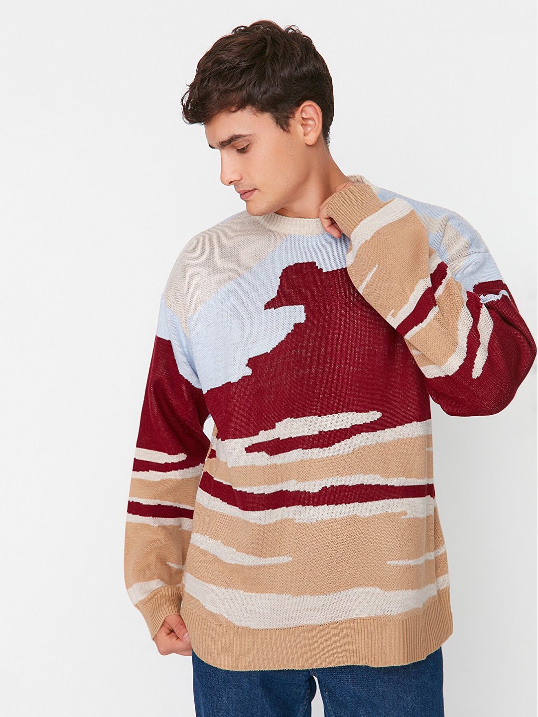 

Trendyol Men Red & Beige Round Neck Acrylic Pullover Sweater