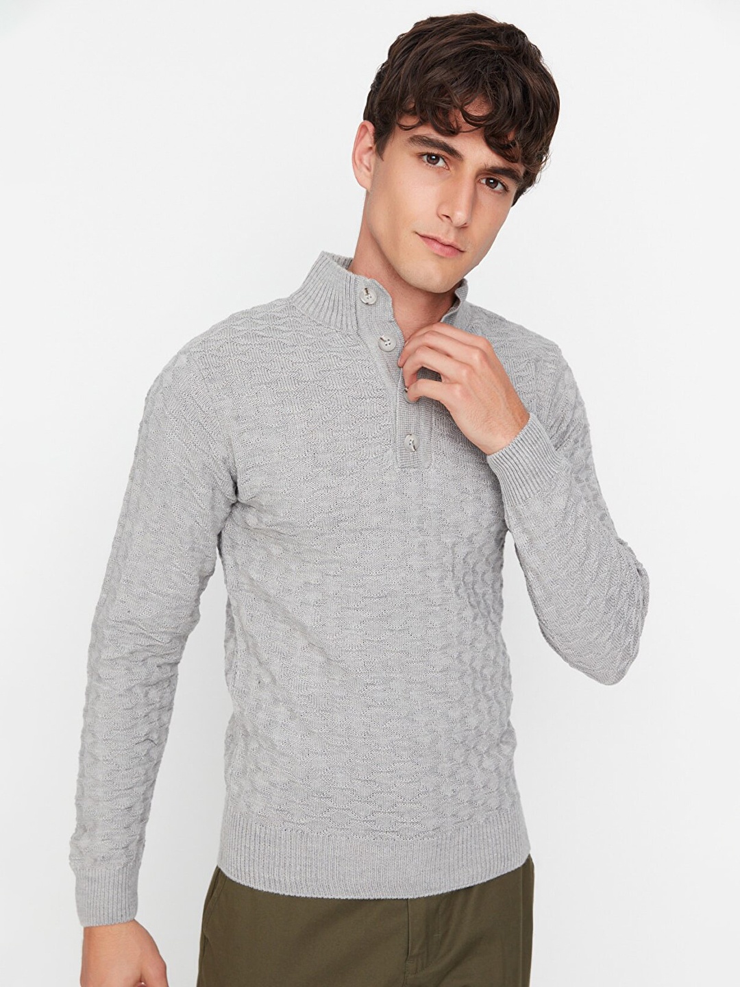 

Trendyol Men Grey Mock Neck Acrylic Pullover Sweater