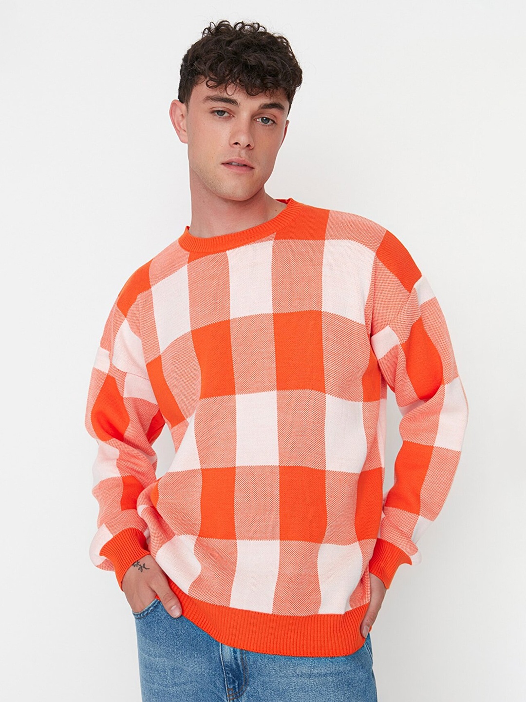 

Trendyol Men Orange & White Checked Acrylic Pullover Sweater