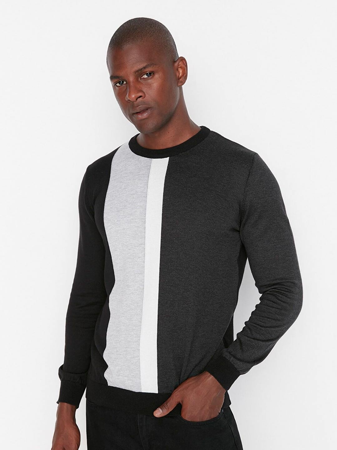 

Trendyol Men Black & Grey Colourblocked Round Neck Pullover Sweater
