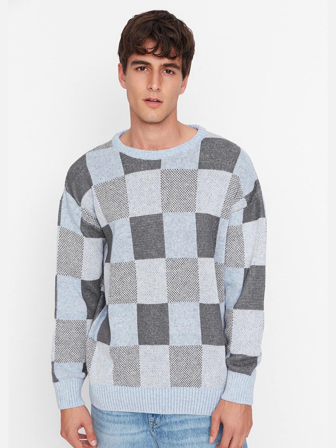 

Trendyol Men Blue Checked Round Neck Pullover Sweater