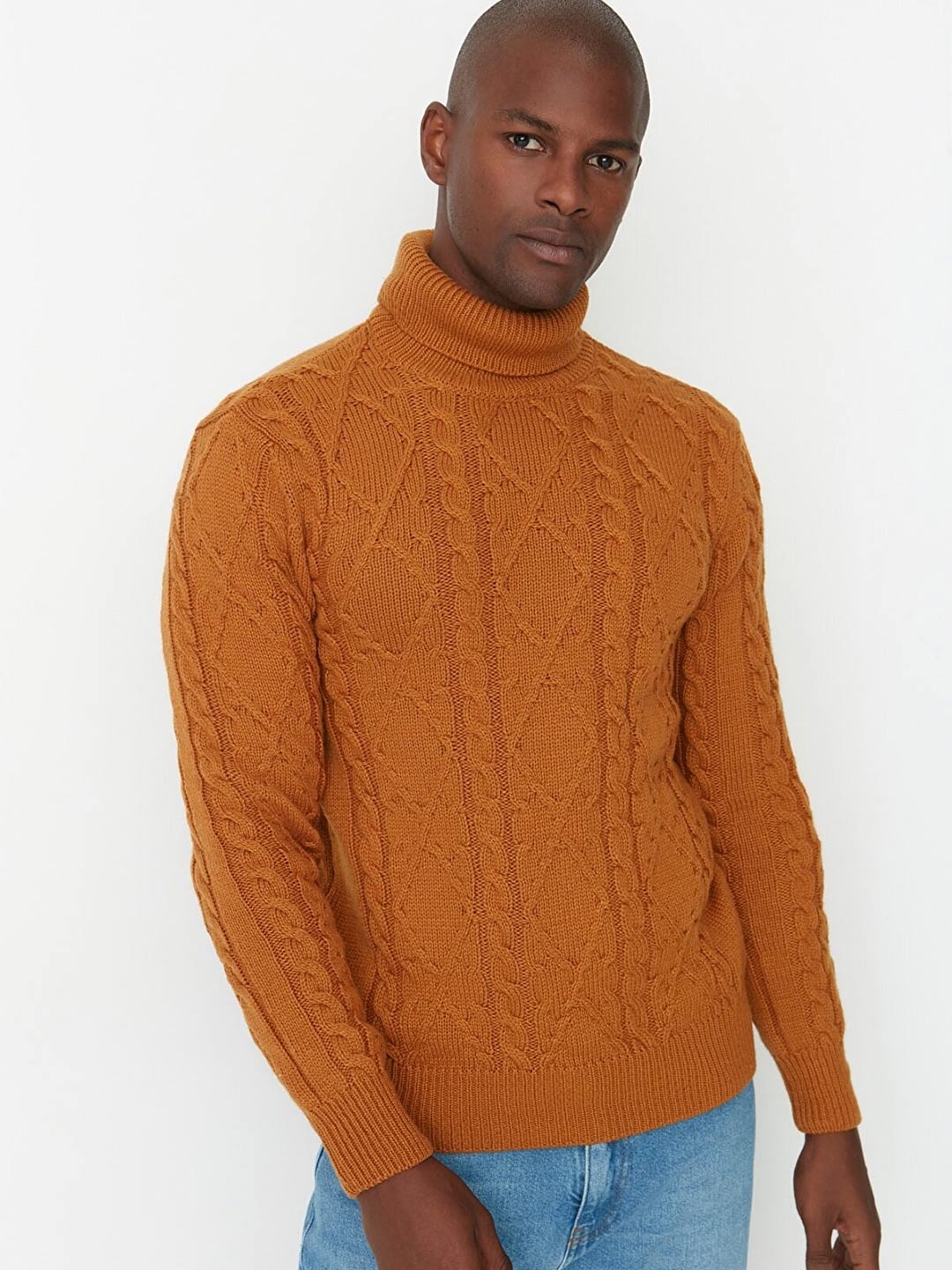

Trendyol Men Camel Brown Cable Knit Turtle Neck Pullover Sweater