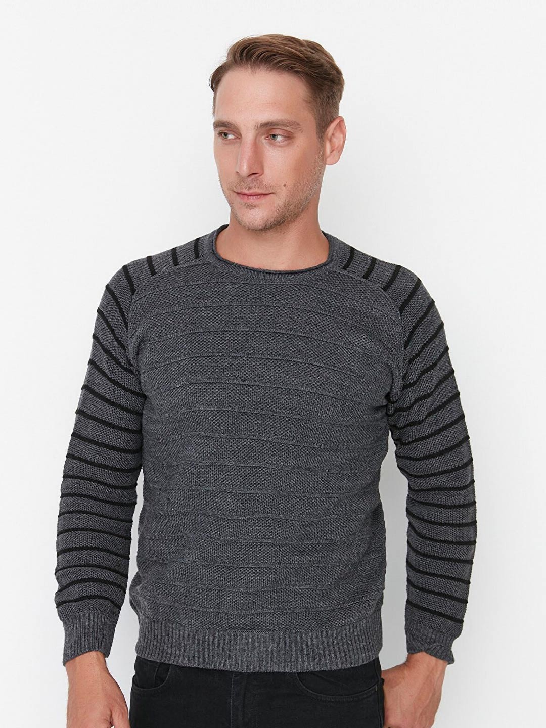 

Trendyol Men Grey & Black Striped Acrylic Pullover Sweater