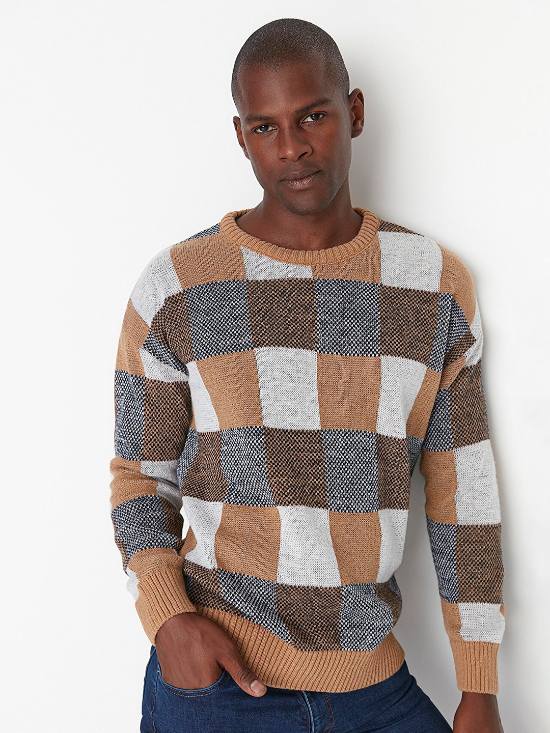 

Trendyol Men Camel Brown & Grey Checked Pullover Sweater