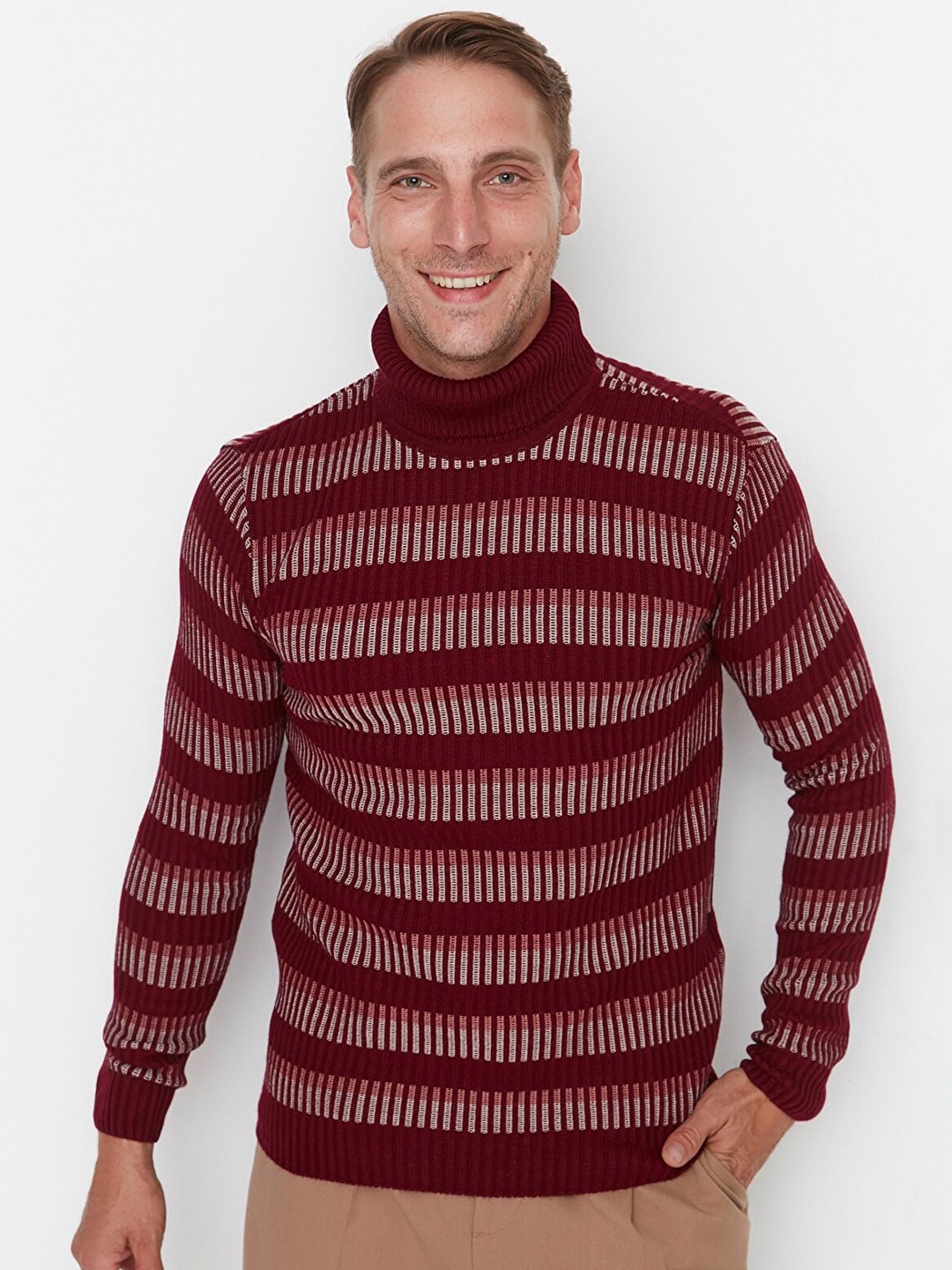 

Trendyol Men Burgundy Striped Acrylic Pullover Sweater