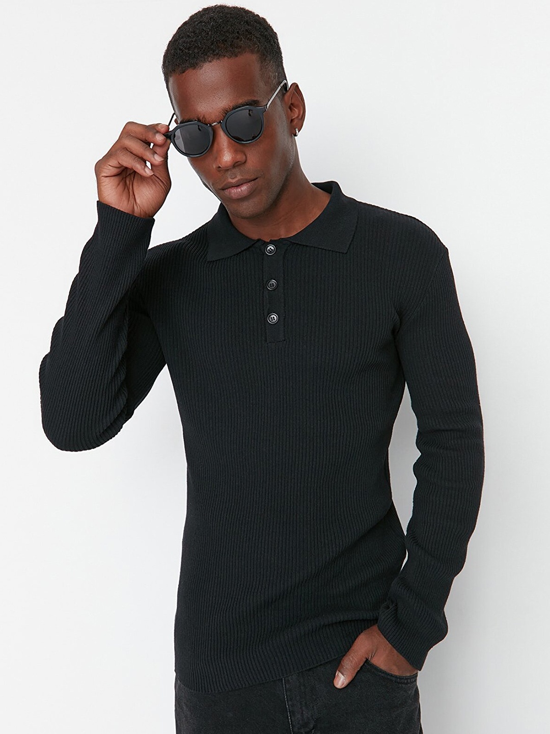 

Trendyol Men Black Ribbed Pullover Sweater