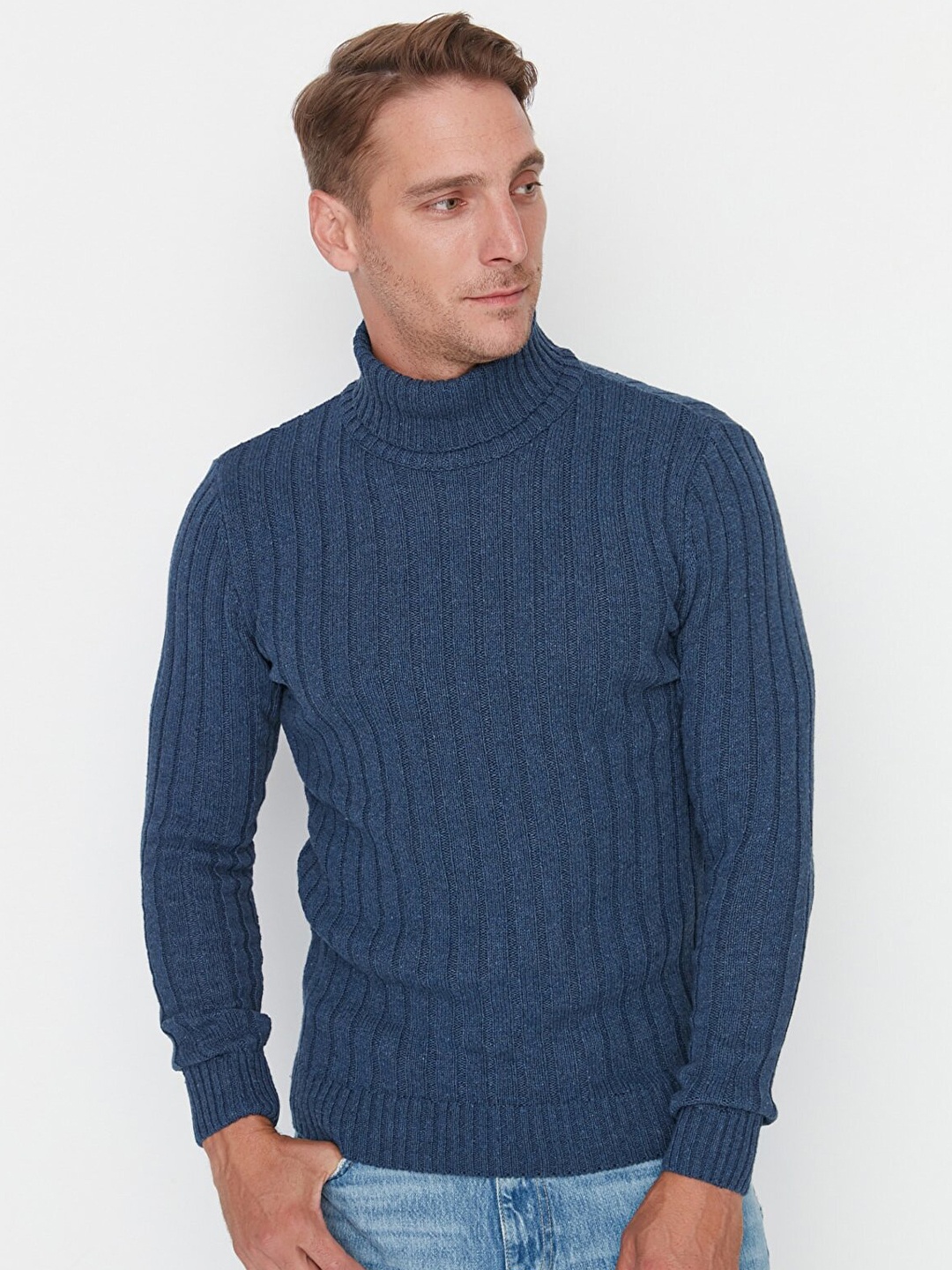 

Trendyol Men Blue Ribbed Turtle Neck Pullover Sweater