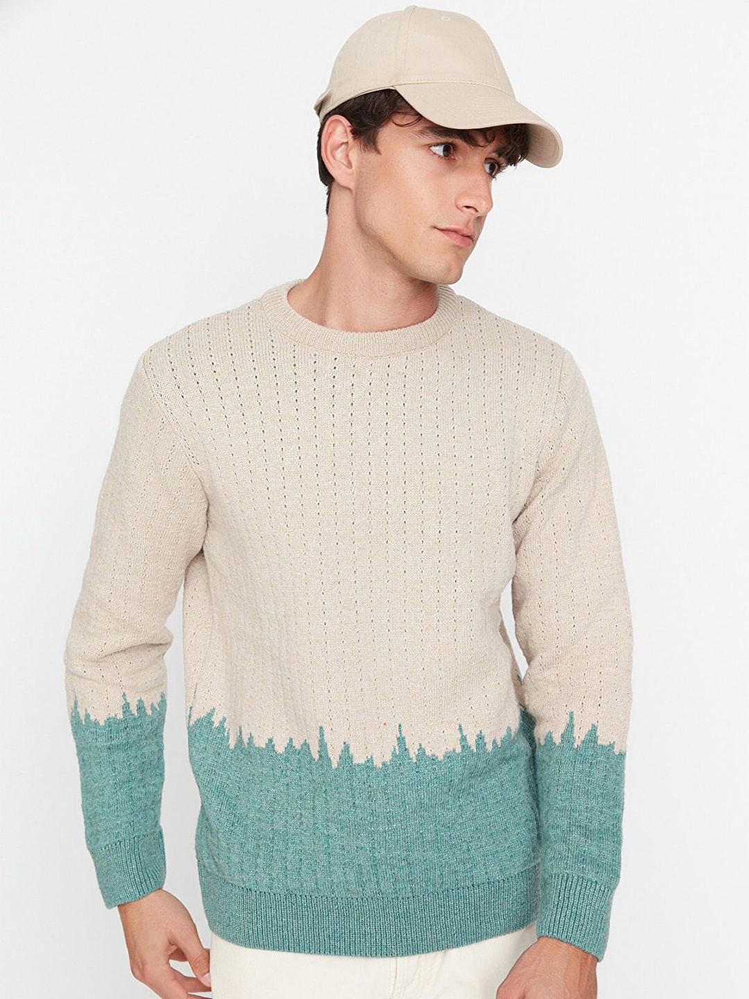 

Trendyol Men Green & Beige Colourblocked Pullover Sweater