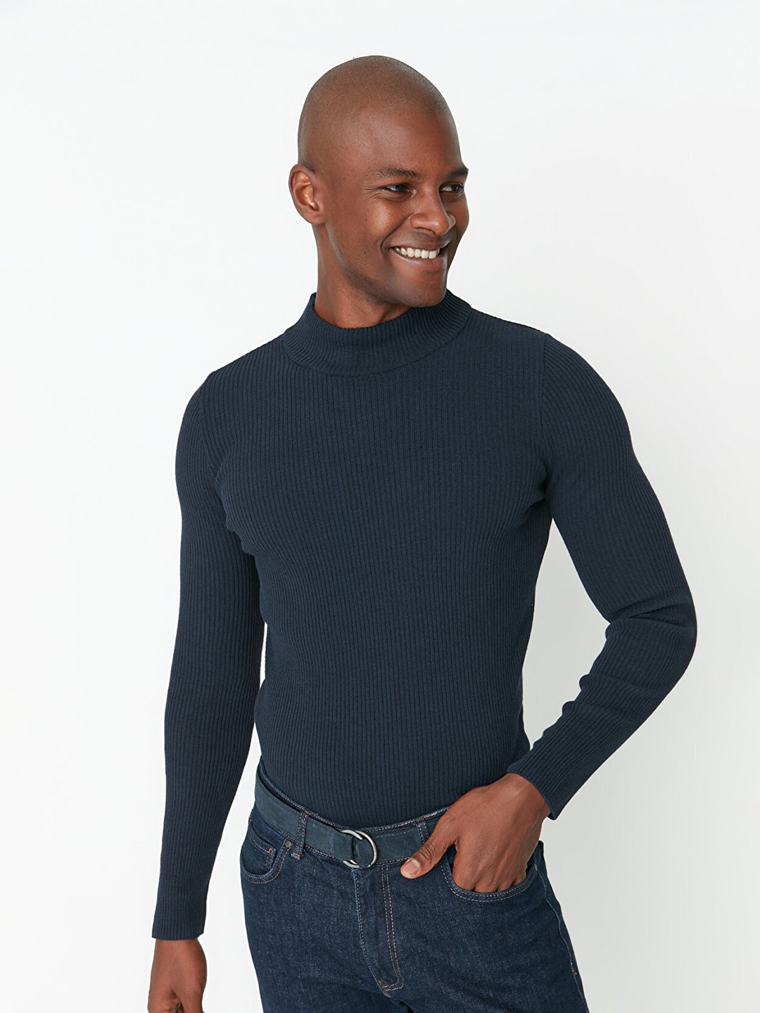 

Trendyol Men Navy Blue Ribbed Pullover Sweater