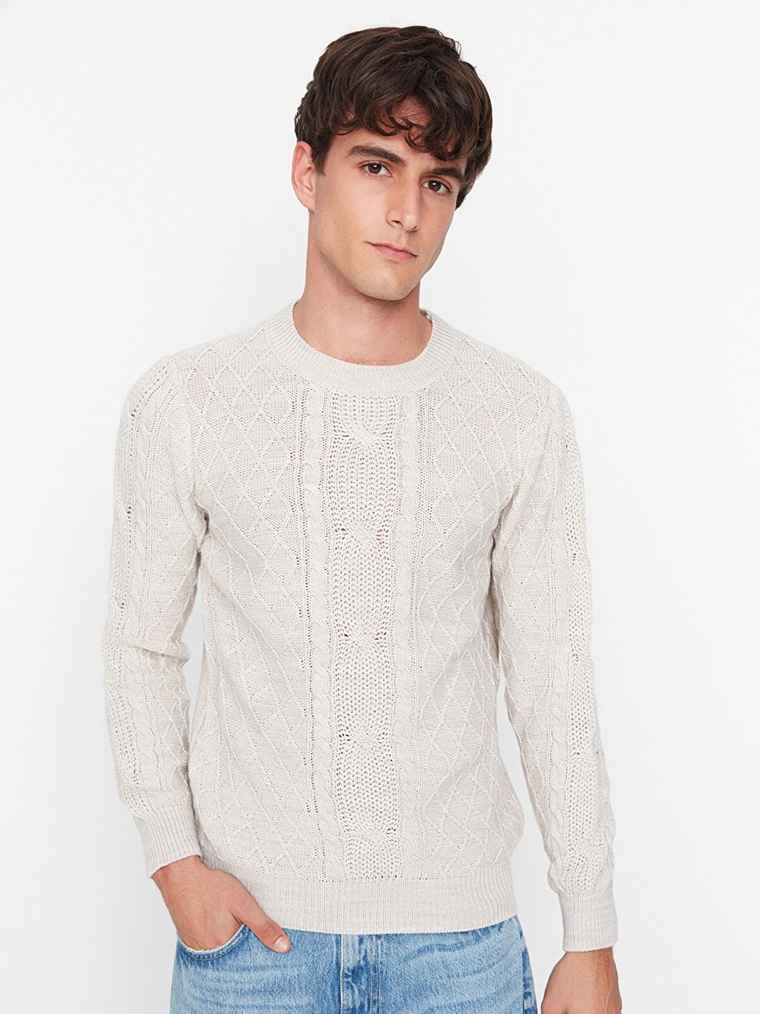 

Trendyol Men Off White Cable Knit Pullover Acrylic Sweater
