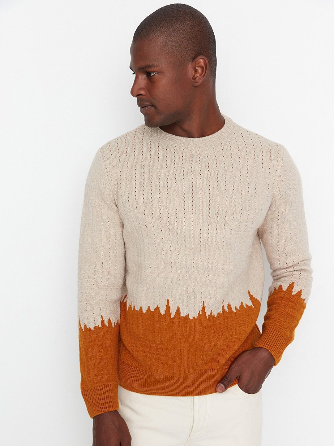 

Trendyol Men Orange & Cream Colourblocked Pullover Sweater